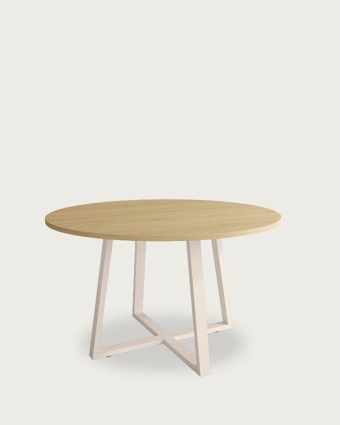 Lugano round table with a natural oak melamine top and ivory metal leg Ø 100 cm