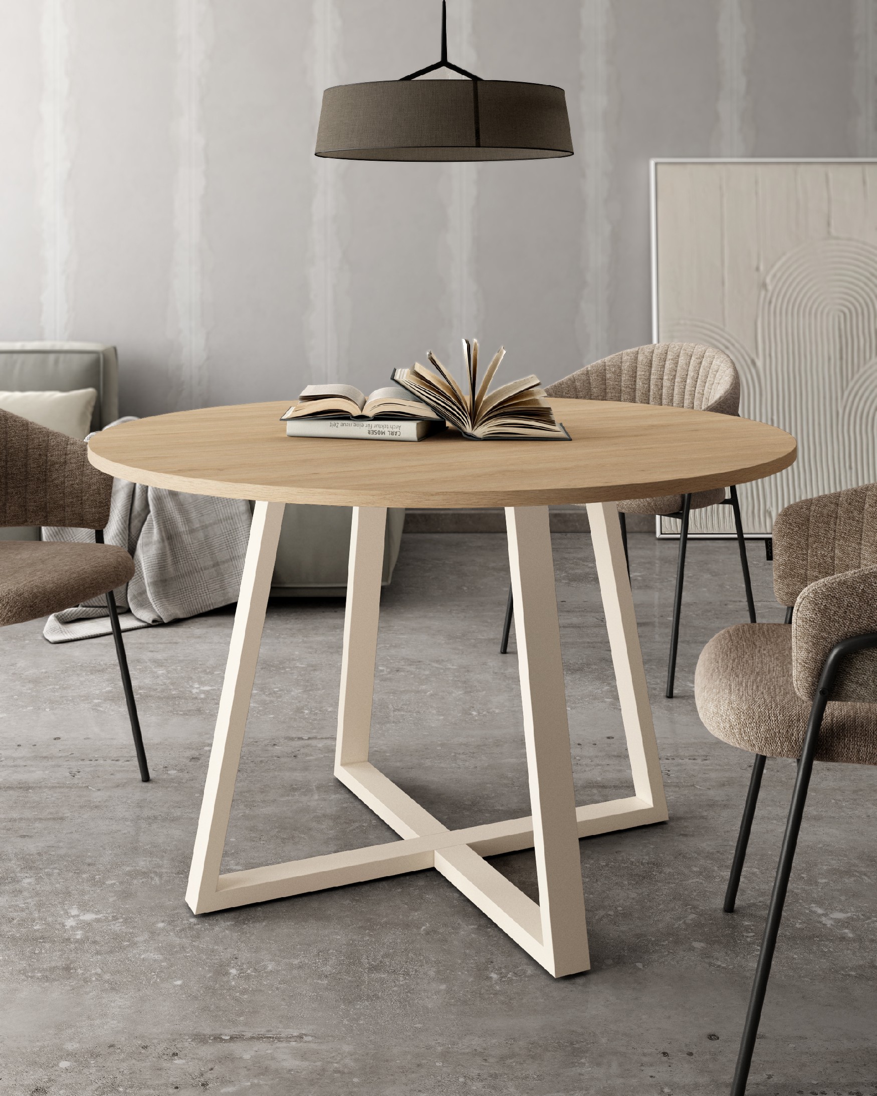 Table Lugano ronde avec plateau en mélamine chêne naturel et pied en métal ivoire Ø 100 cm