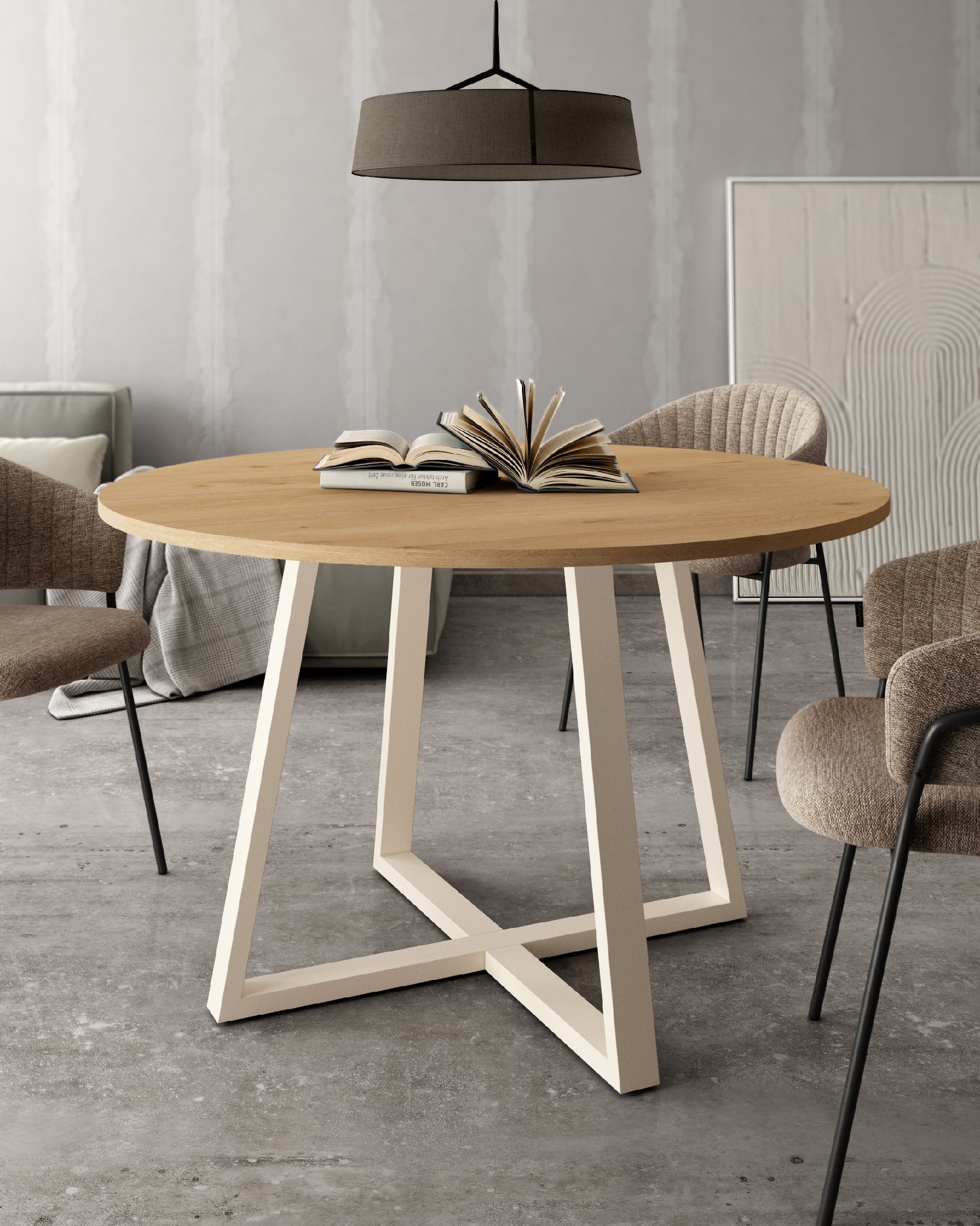 Lugano round table with oak melamine top and ivory metal leg Ø 120 cm