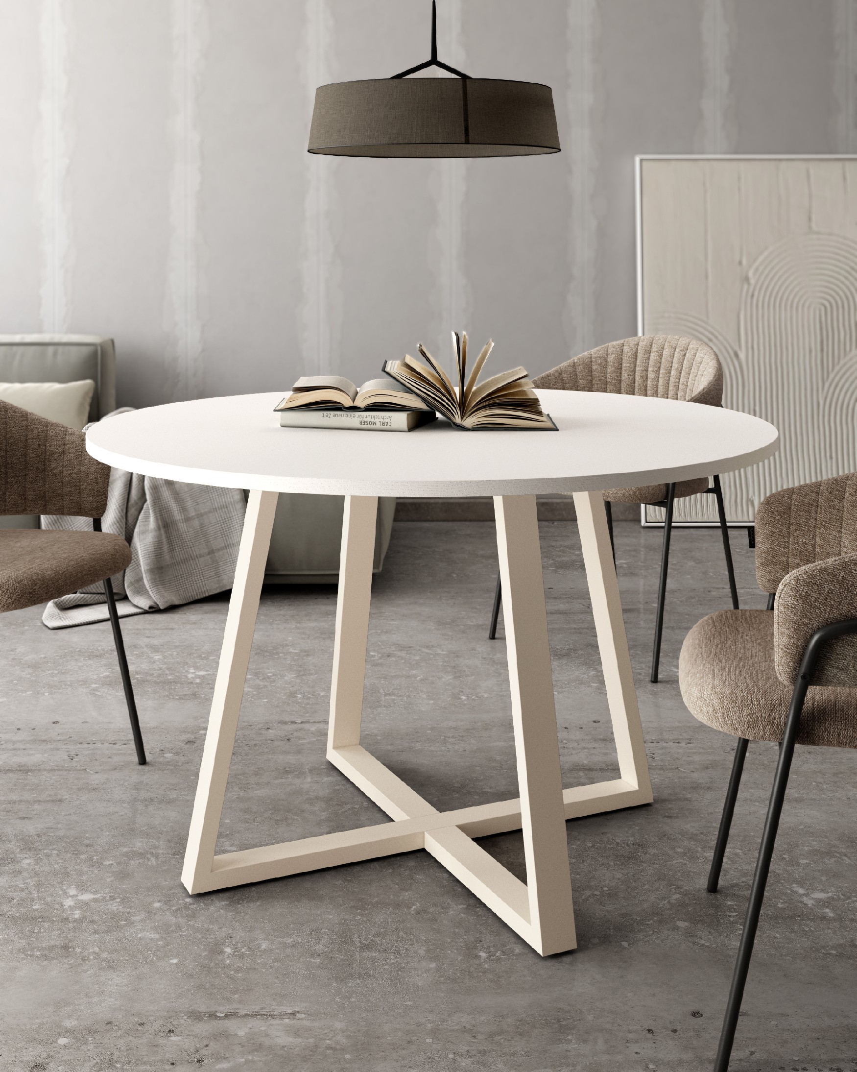 Lugano round table with a white soul melamine top and ivory metal leg Ø 100 cm