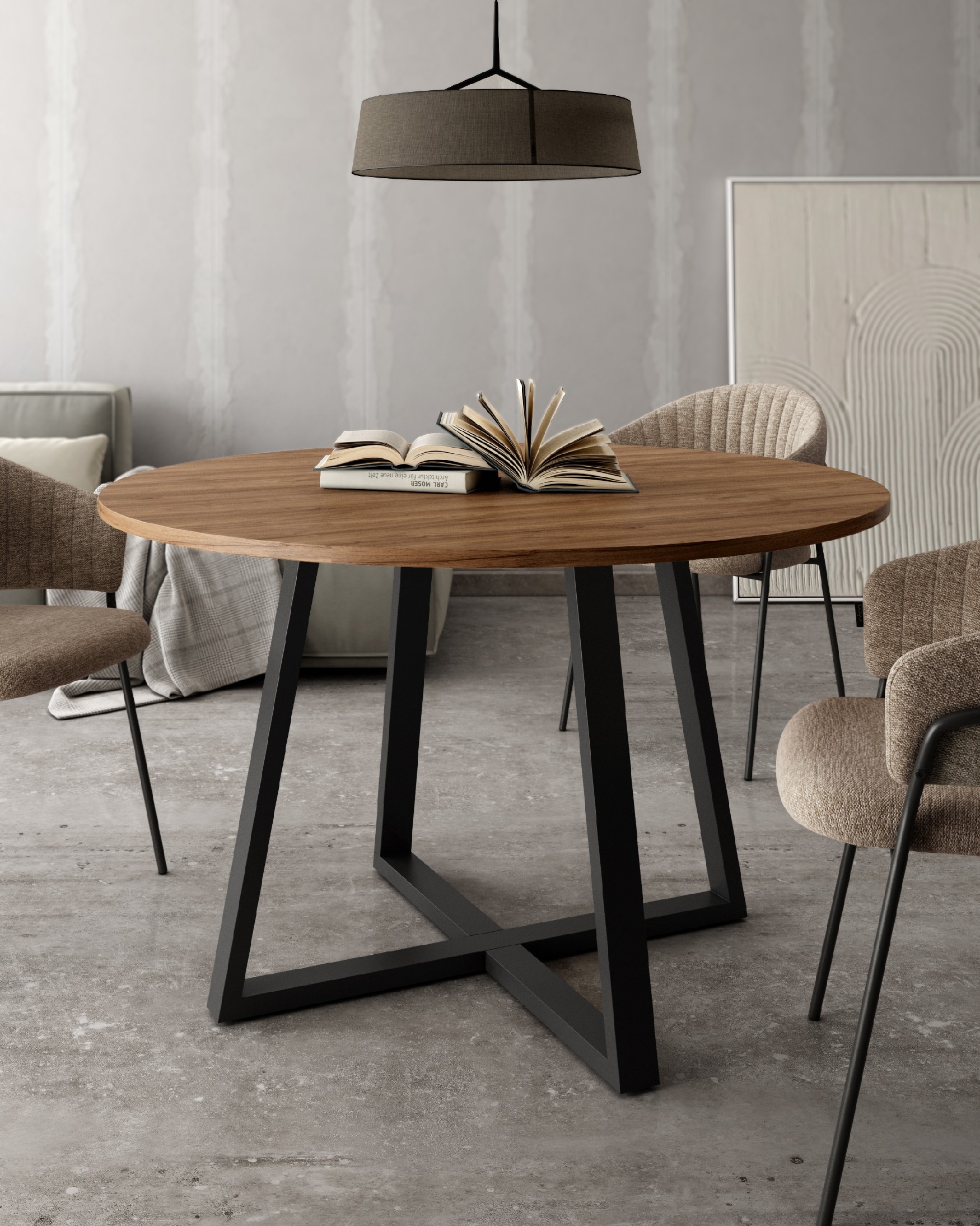 Table ronde Lugano avec plateau en mélamine java et pied métallique noir Ø 120 cm