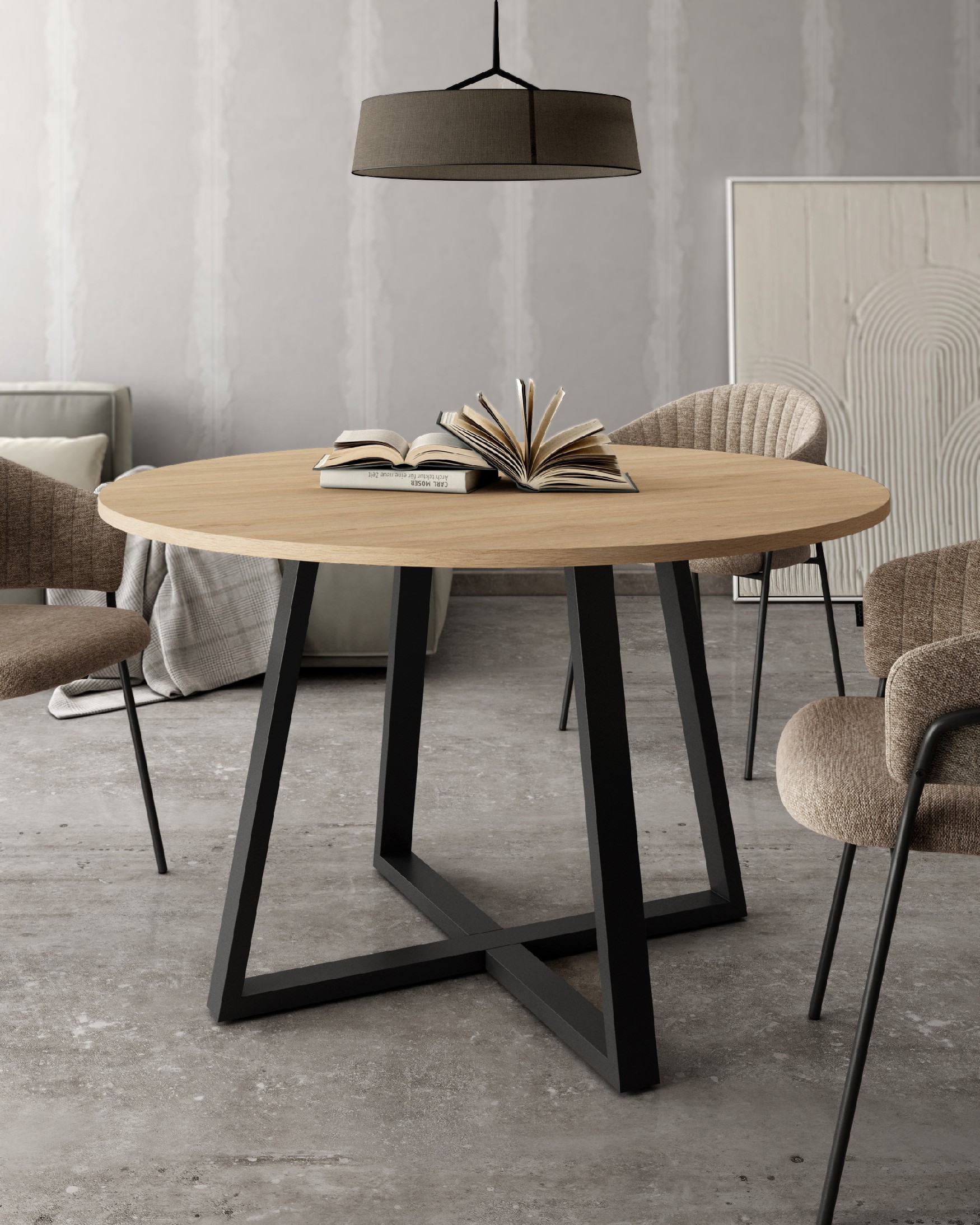 Lugano round table with natural oak melamine top and black metal leg Ø 100 cm