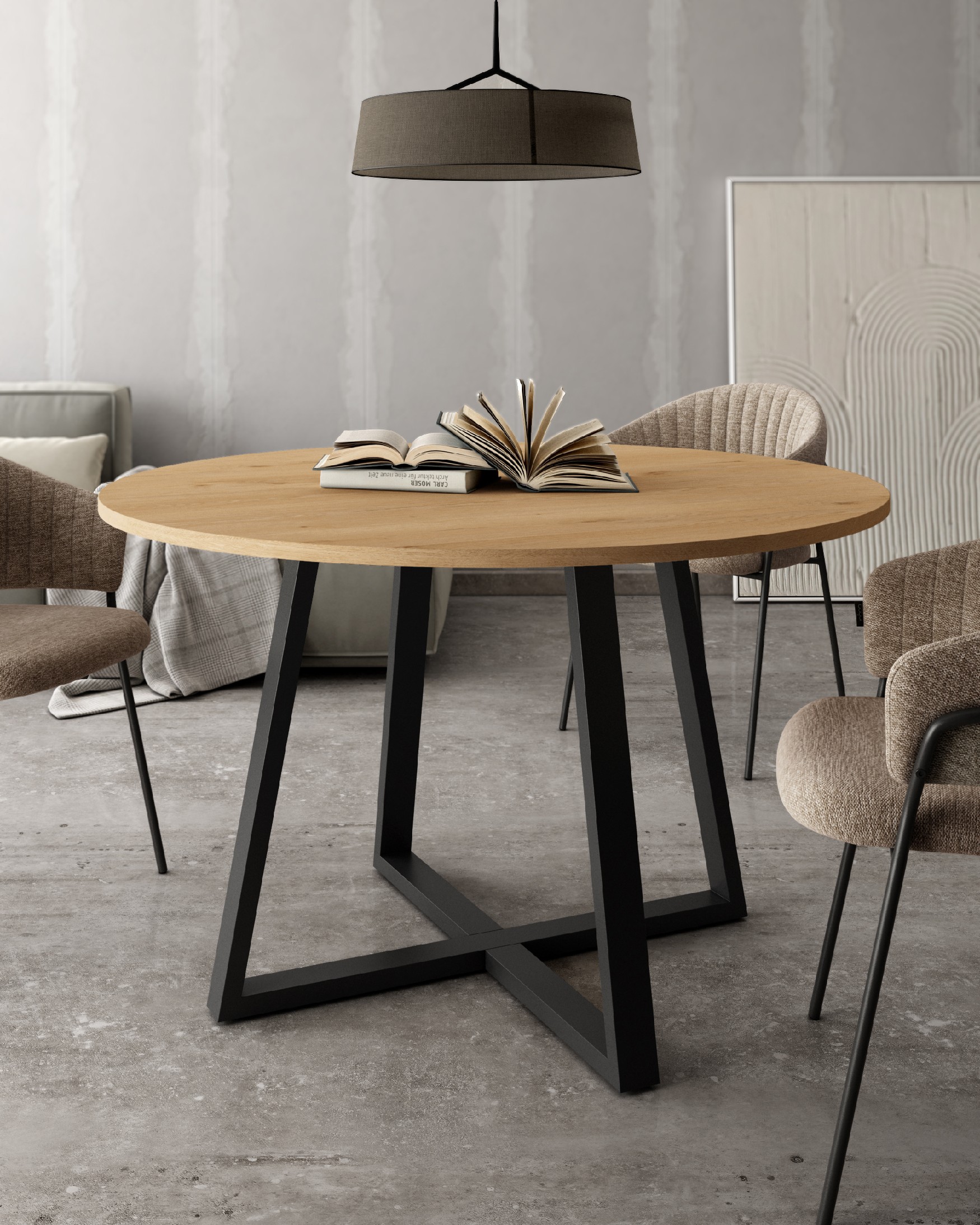 Lugano round table with oak melamine top and black metal leg Ø 120 cm