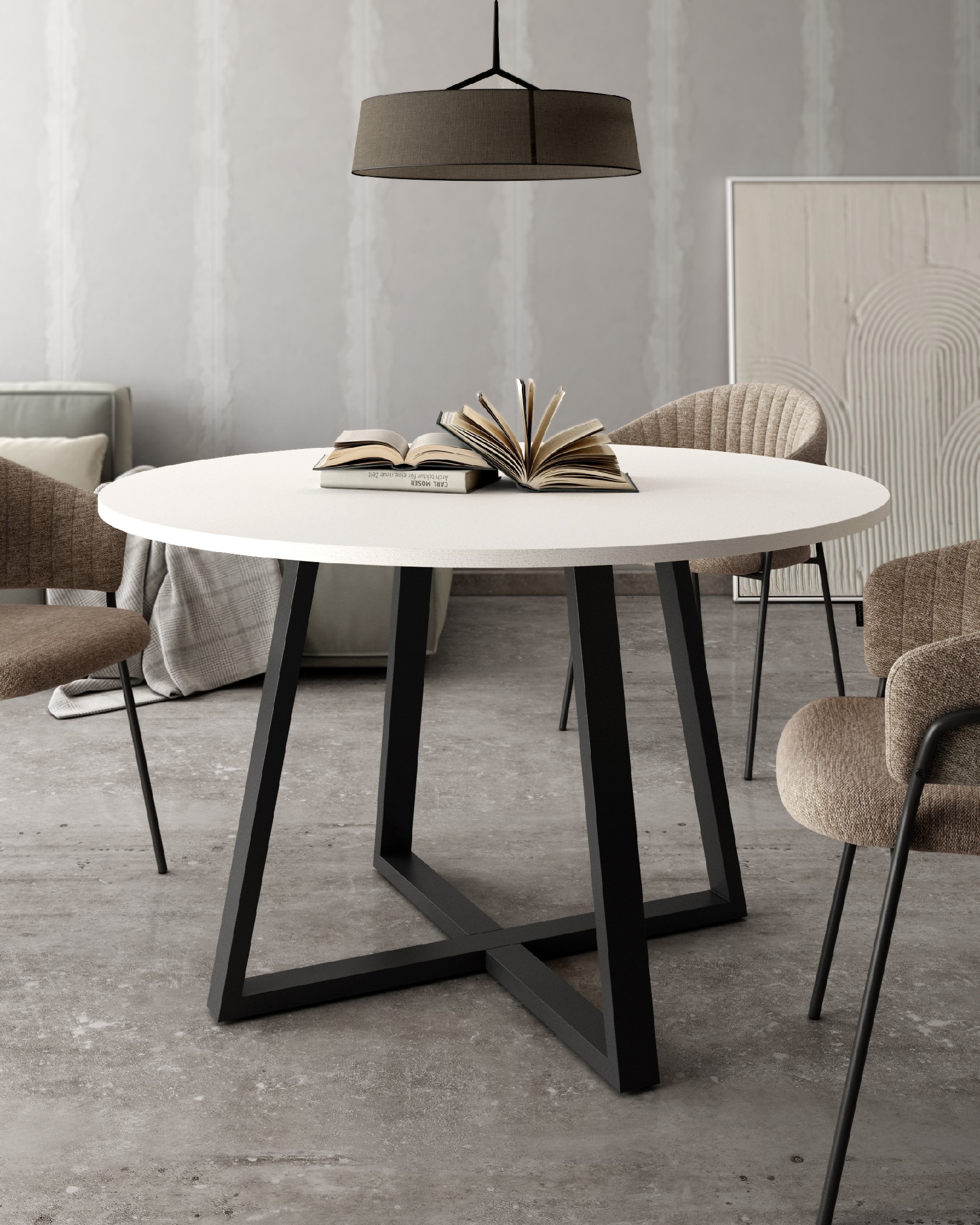 Lugano round table with white soul melamine top and black metal leg Ø 120 cm