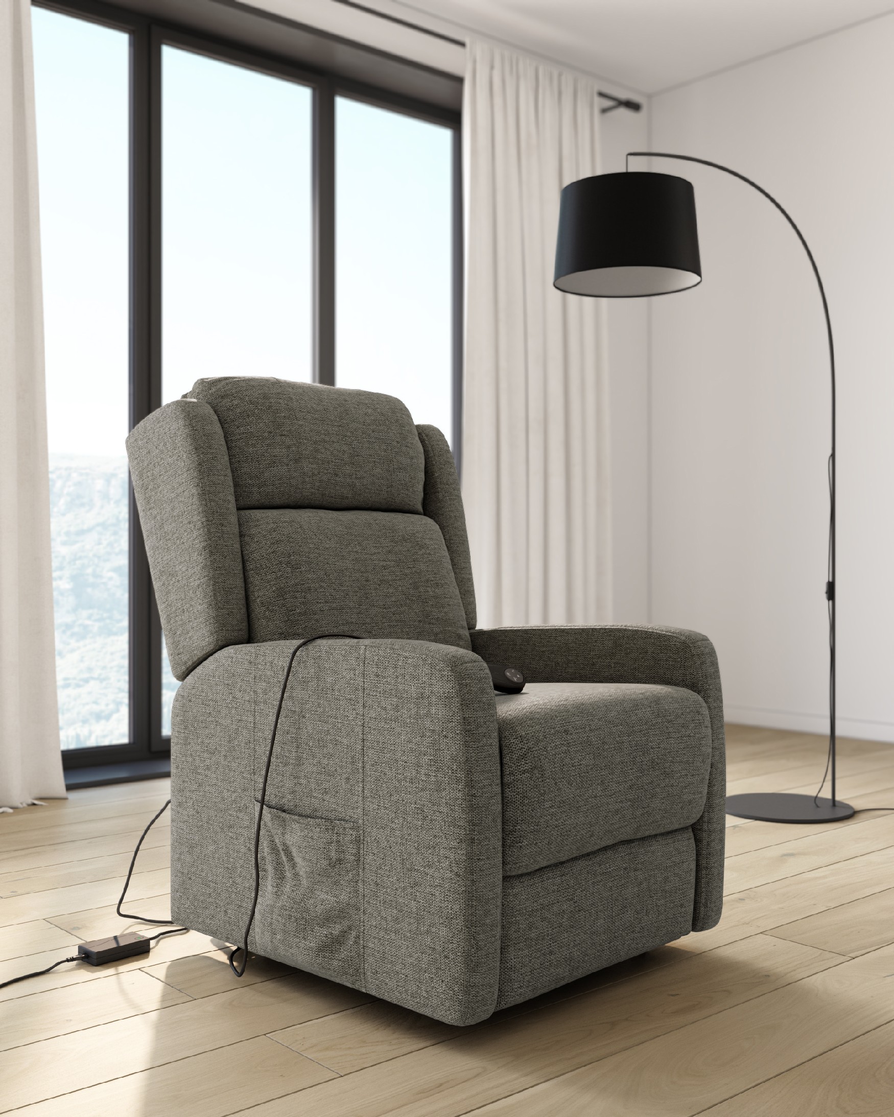 Electric recliner chair power lift Lupe with wheels and gray upholstery