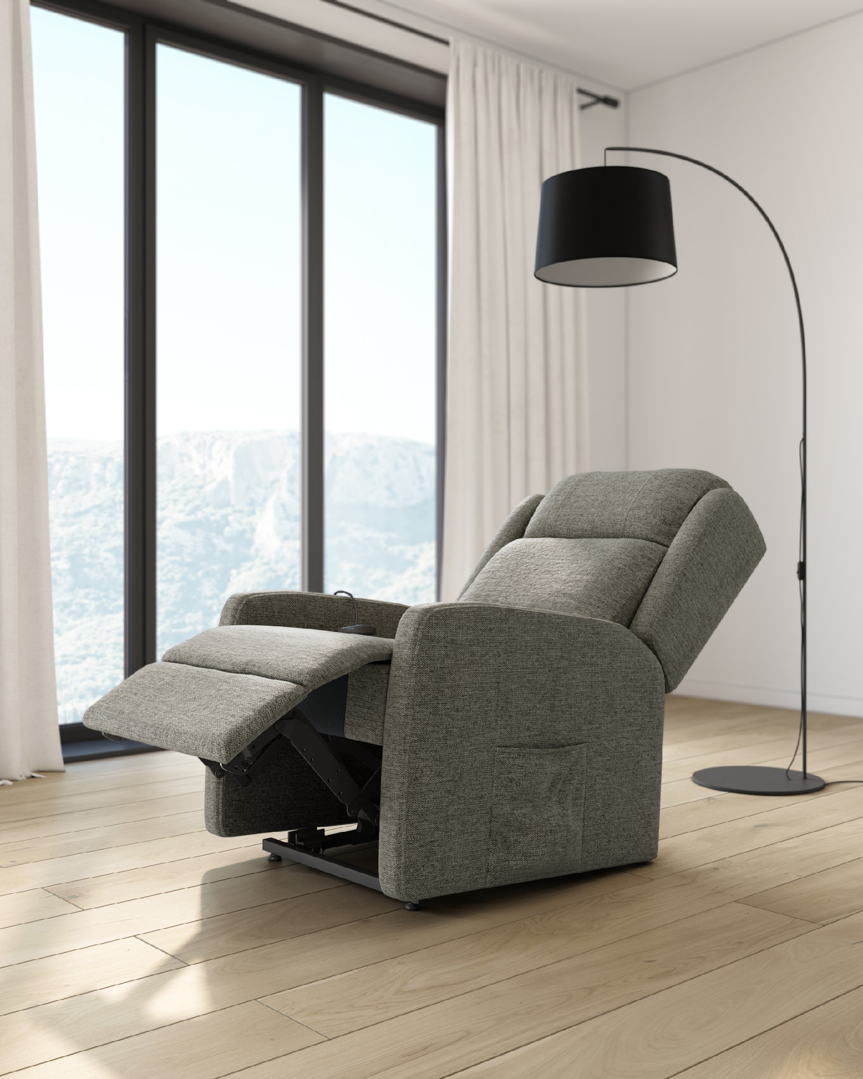 Electric recliner chair power lift Lupe with wheels and gray upholstery