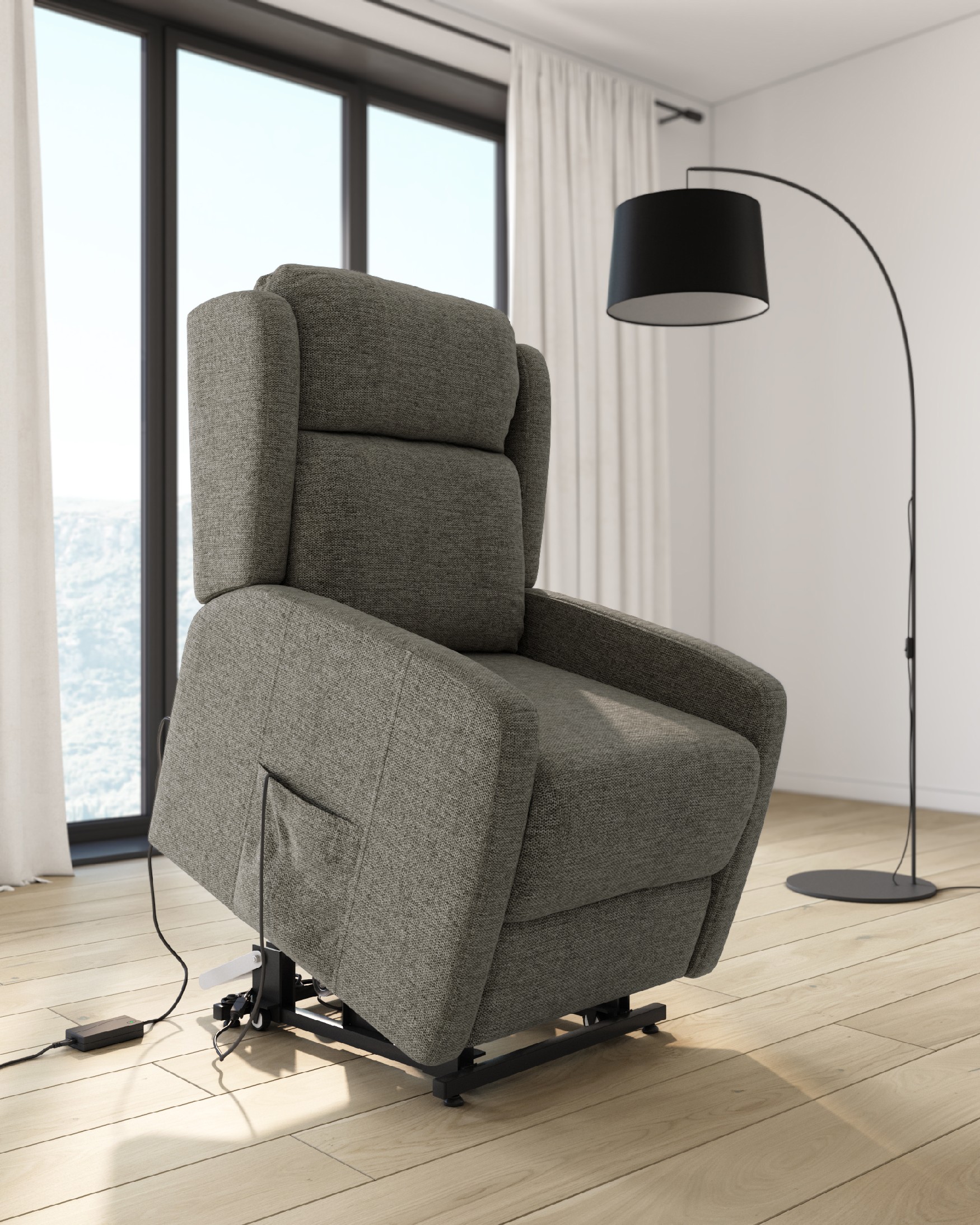Electric recliner chair power lift Lupe with wheels and gray upholstery