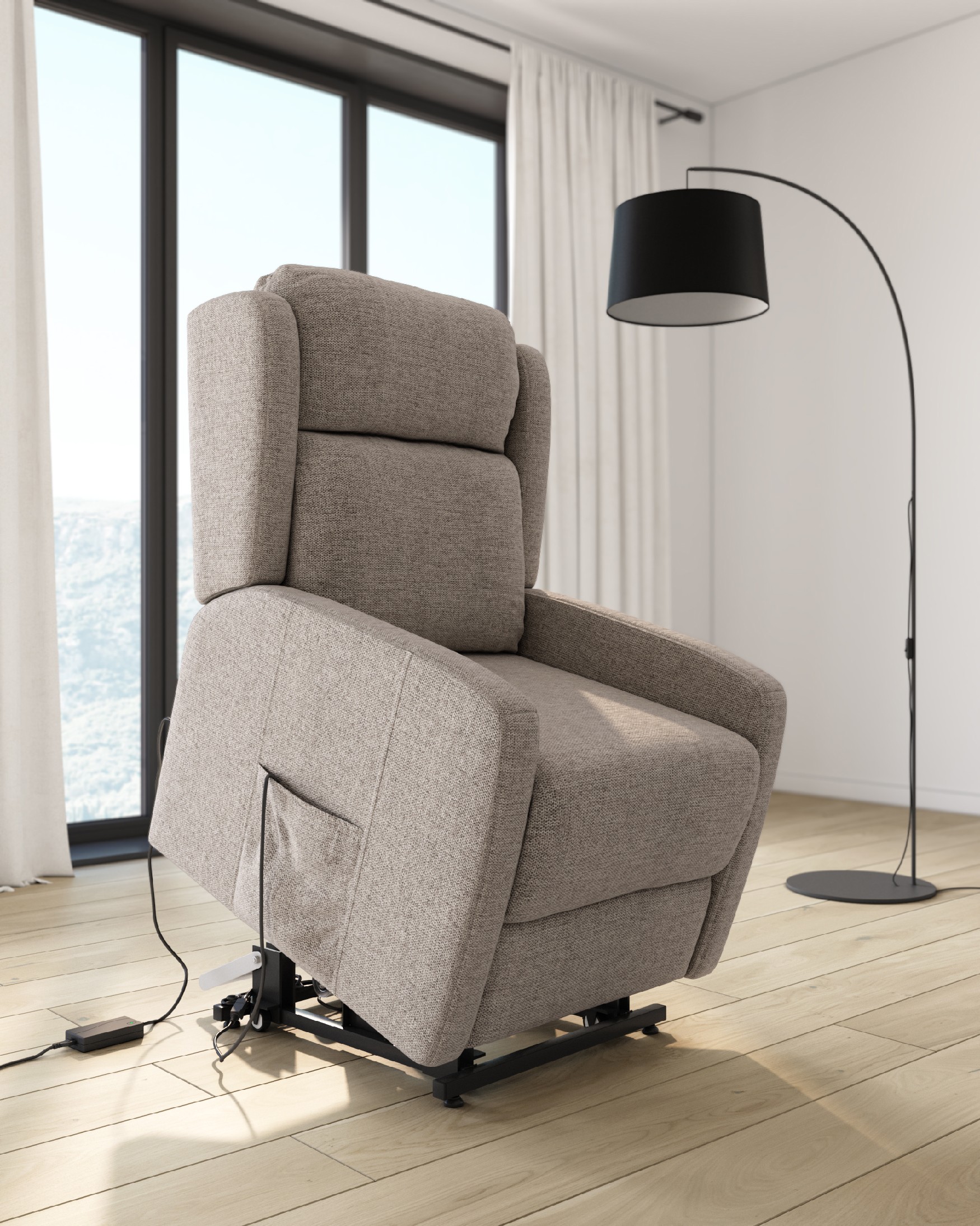 Electric recliner chair power lift Lupe with wheels and pearl upholstery