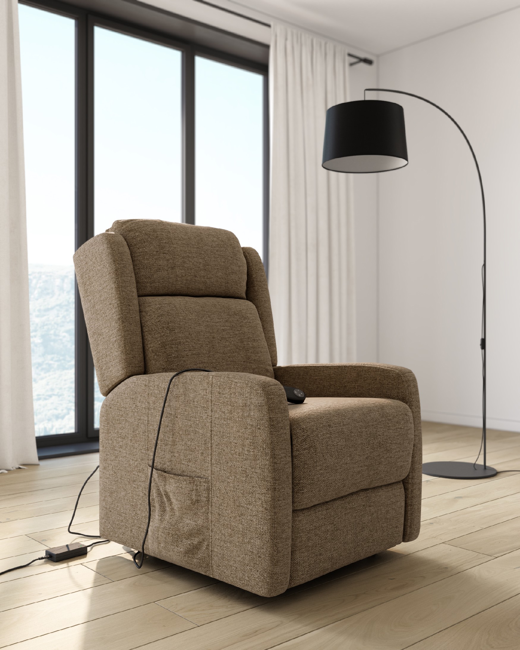 Butaca relax eléctrica power lift Lupe con ruedas y tapizado tierra