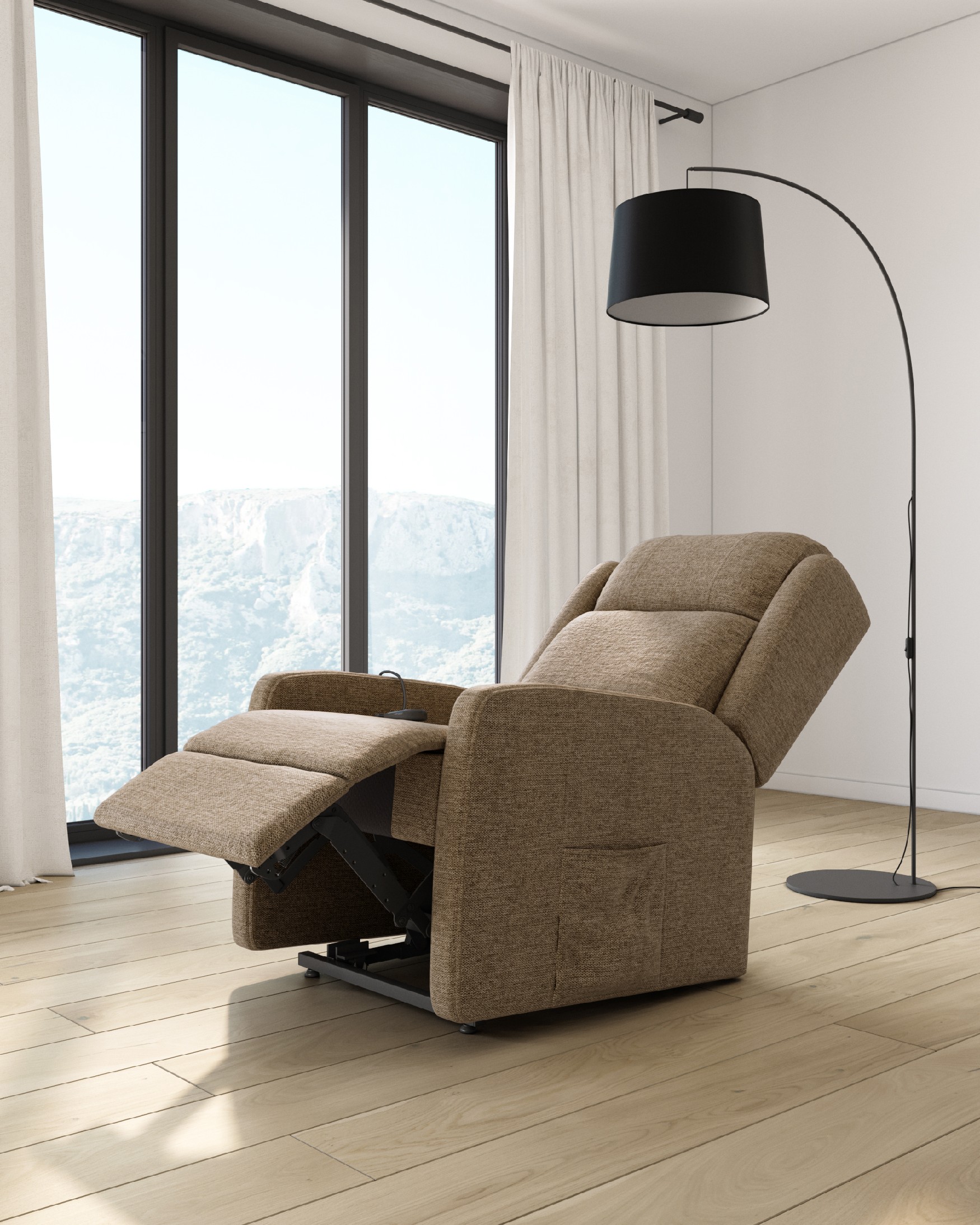 Butaca relax eléctrica power lift Lupe con ruedas y tapizado tierra