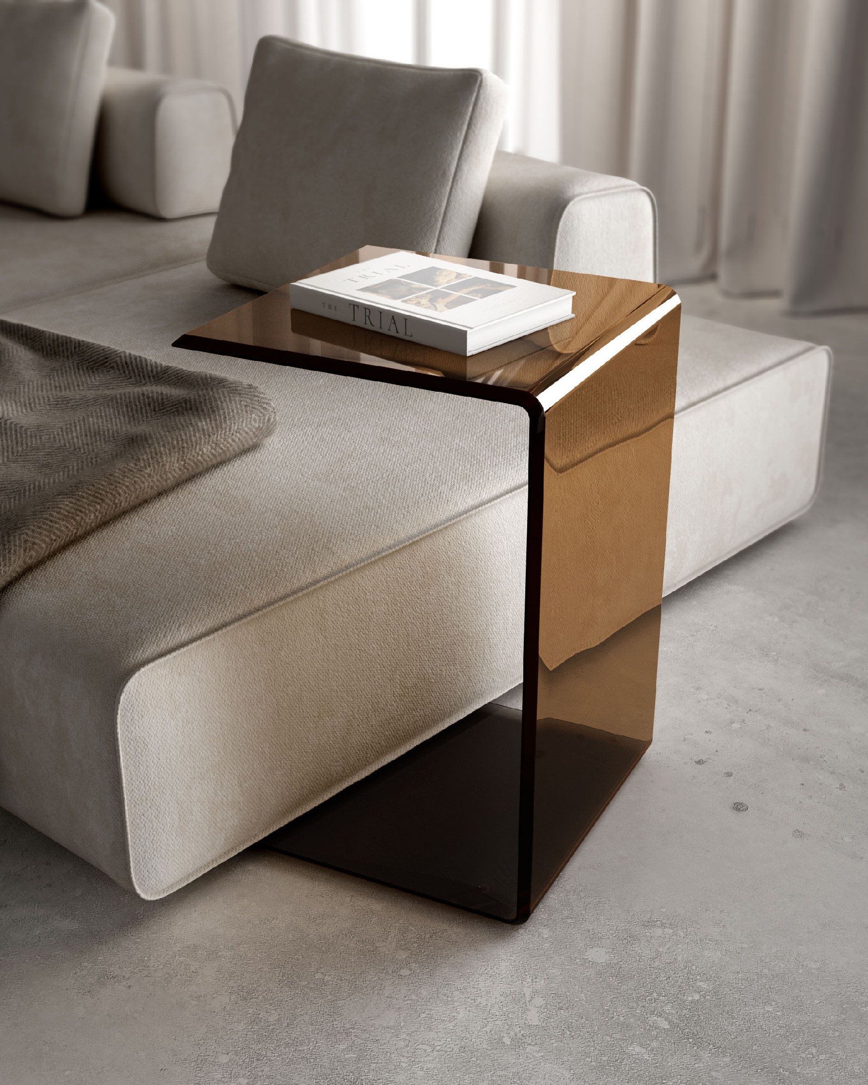Brown tempered glass Mac side table (12 mm) with beveled edges