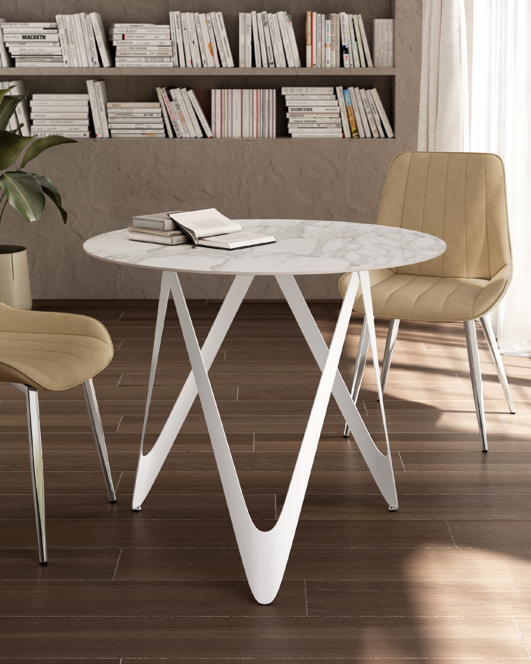 Round table with Carrara porcelain finish and white metal structure Ø 100