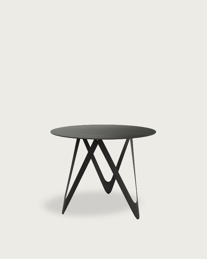 Round table with porcelain marquina finish and black metal structure Ø 80
