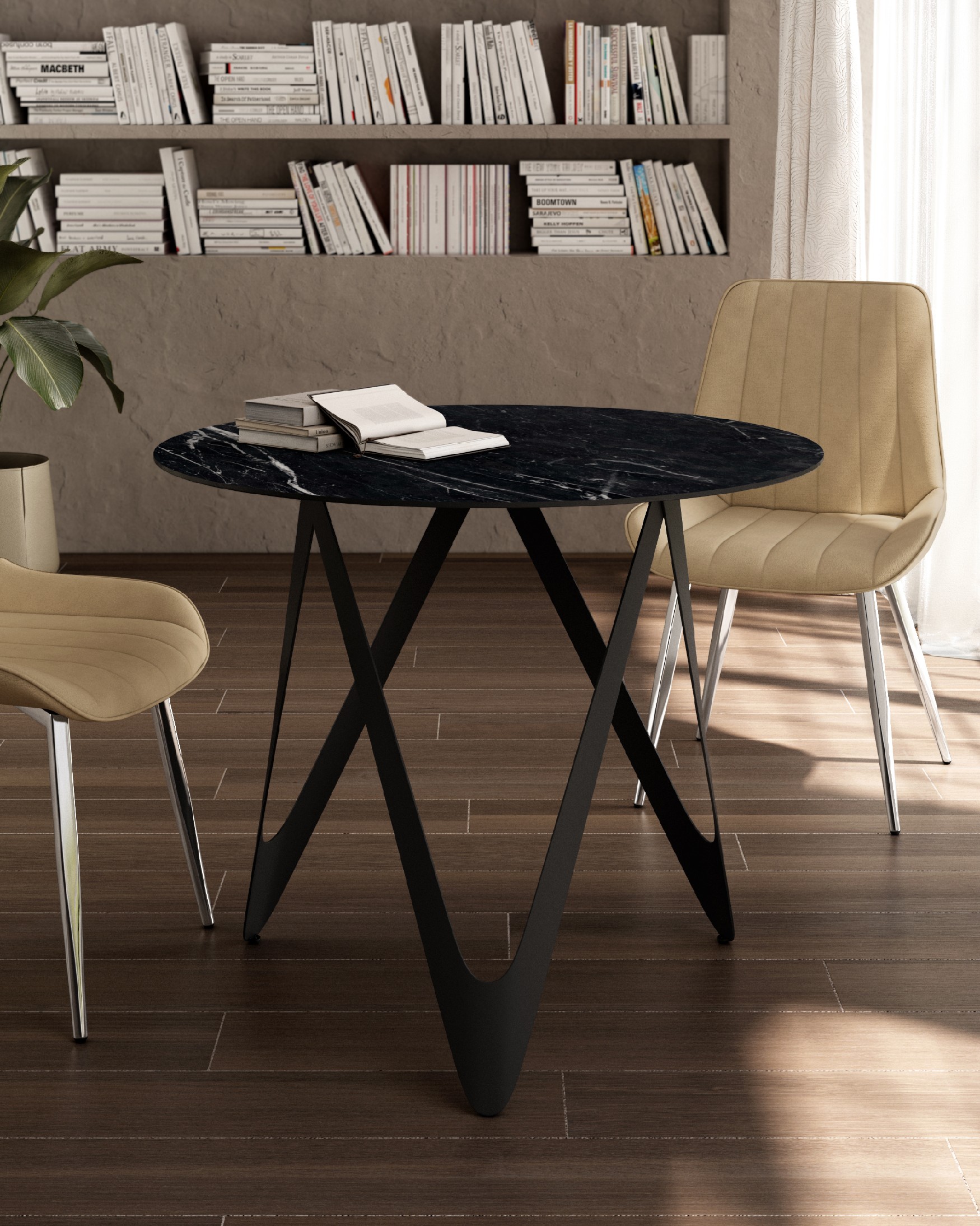 Table ronde Mar avec finition en porcelaine marquina et structure métallique noire Ø 100