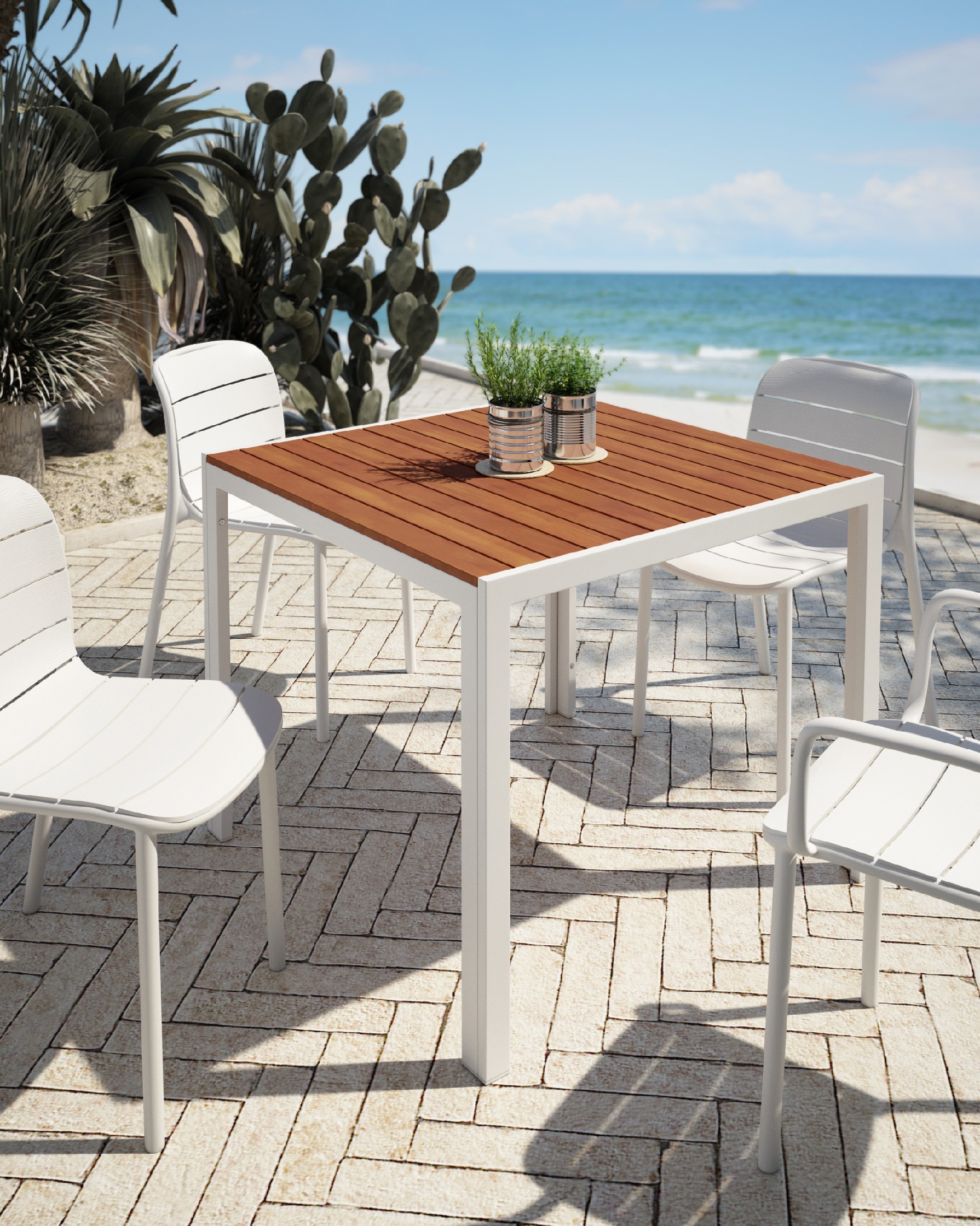 Mesa Marea de exterior con lamas WPC efecto madera y estructura metálica blanca 90 x 90 cm