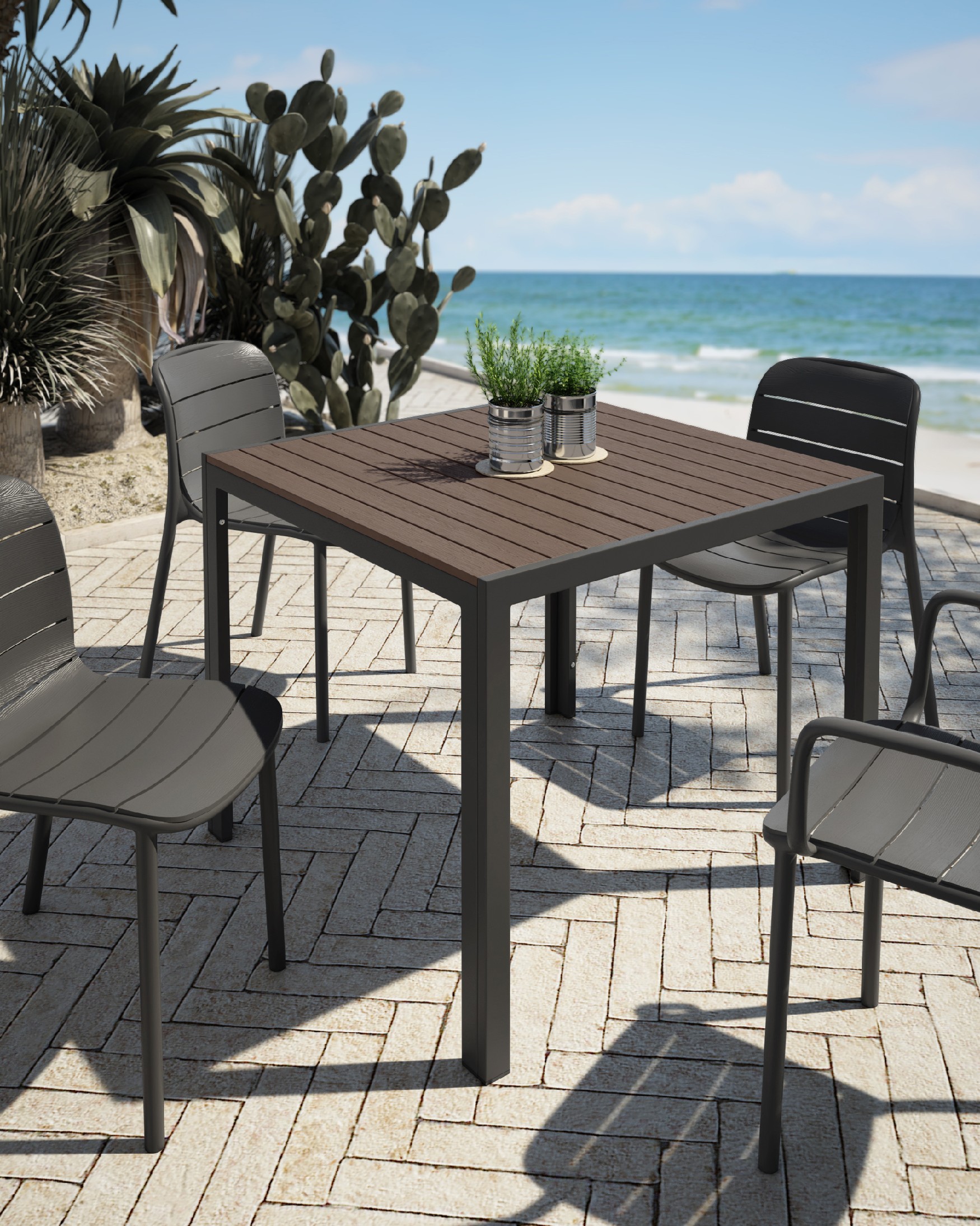 Table Marea d'extérieur avec lames WPC effet bois et structure métallique graphite 90 x 90 cm