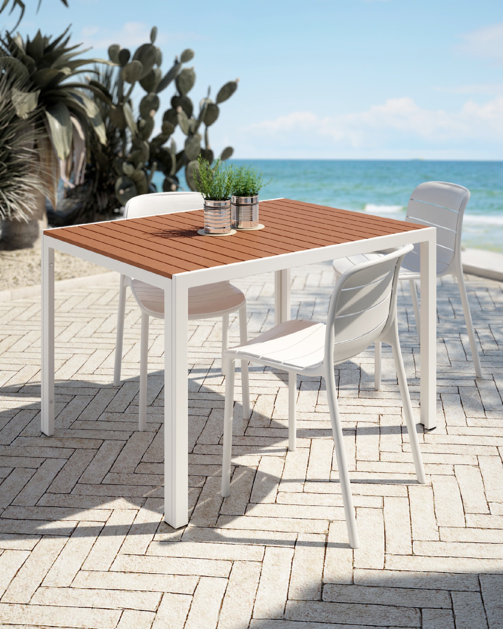 Table Marea d'extérieur avec lames WPC effet bois et structure métallique blanche 120 x 90 cm