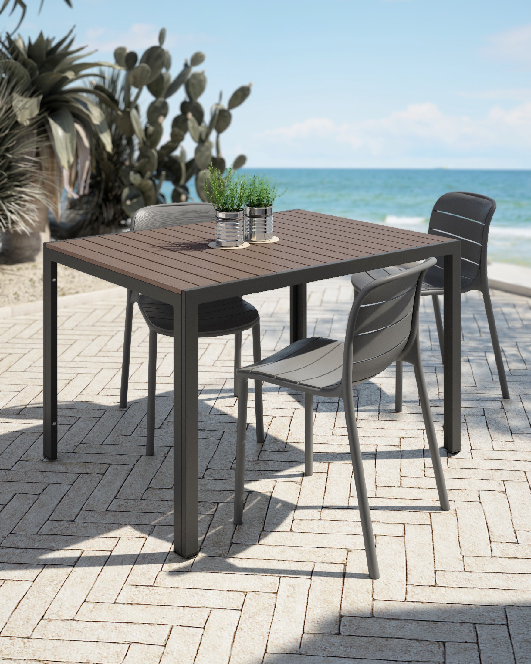 Mesa Marea de exterior con lamas WPC efecto madera y estructura metálica grafito 120 x 90 cm