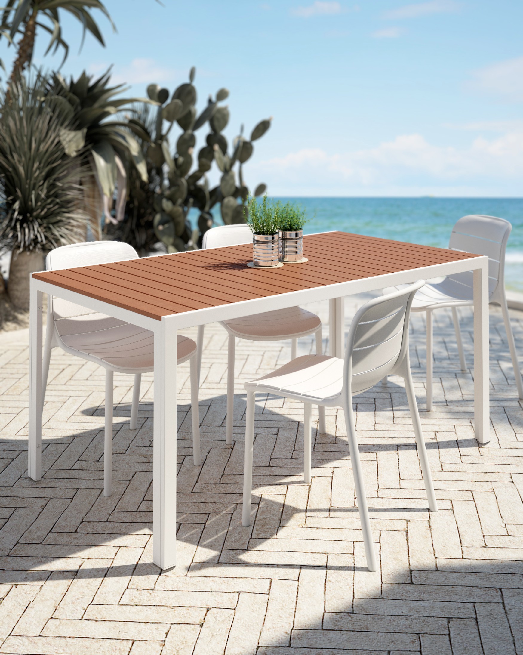 Mesa Marea de exterior con lamas WPC efecto madera y estructura metálica blanca 160 x 90 cm