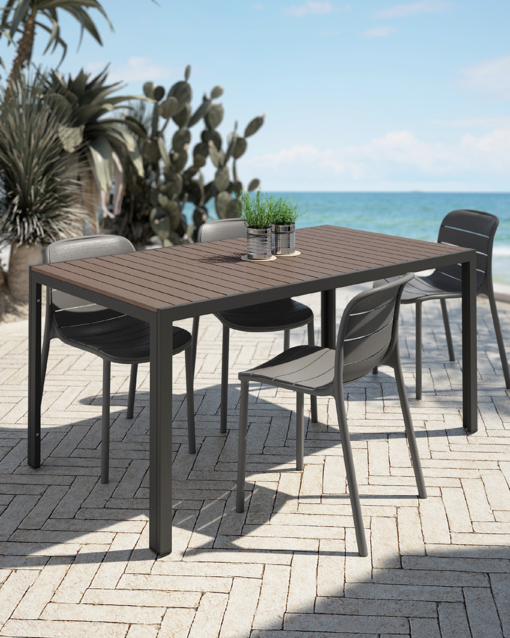 Mesa Marea de exterior con lamas WPC efecto madera y estructura metálica grafito 160 x 90 cm