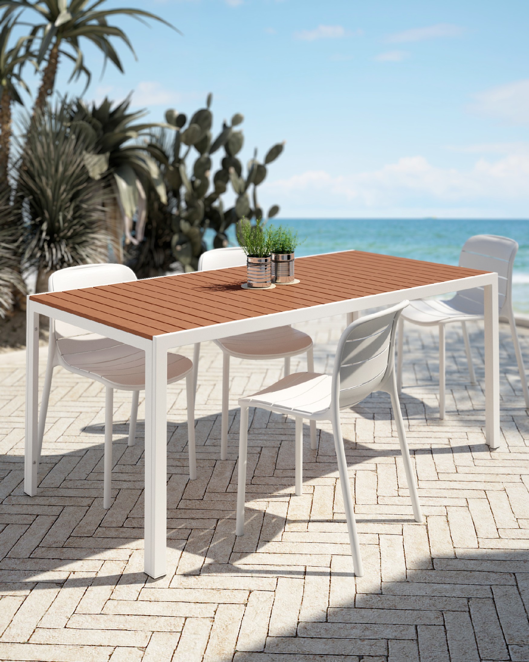 Table Marea d'extérieur avec lames WPC effet bois et structure métallique blanche 180 x 90 cm