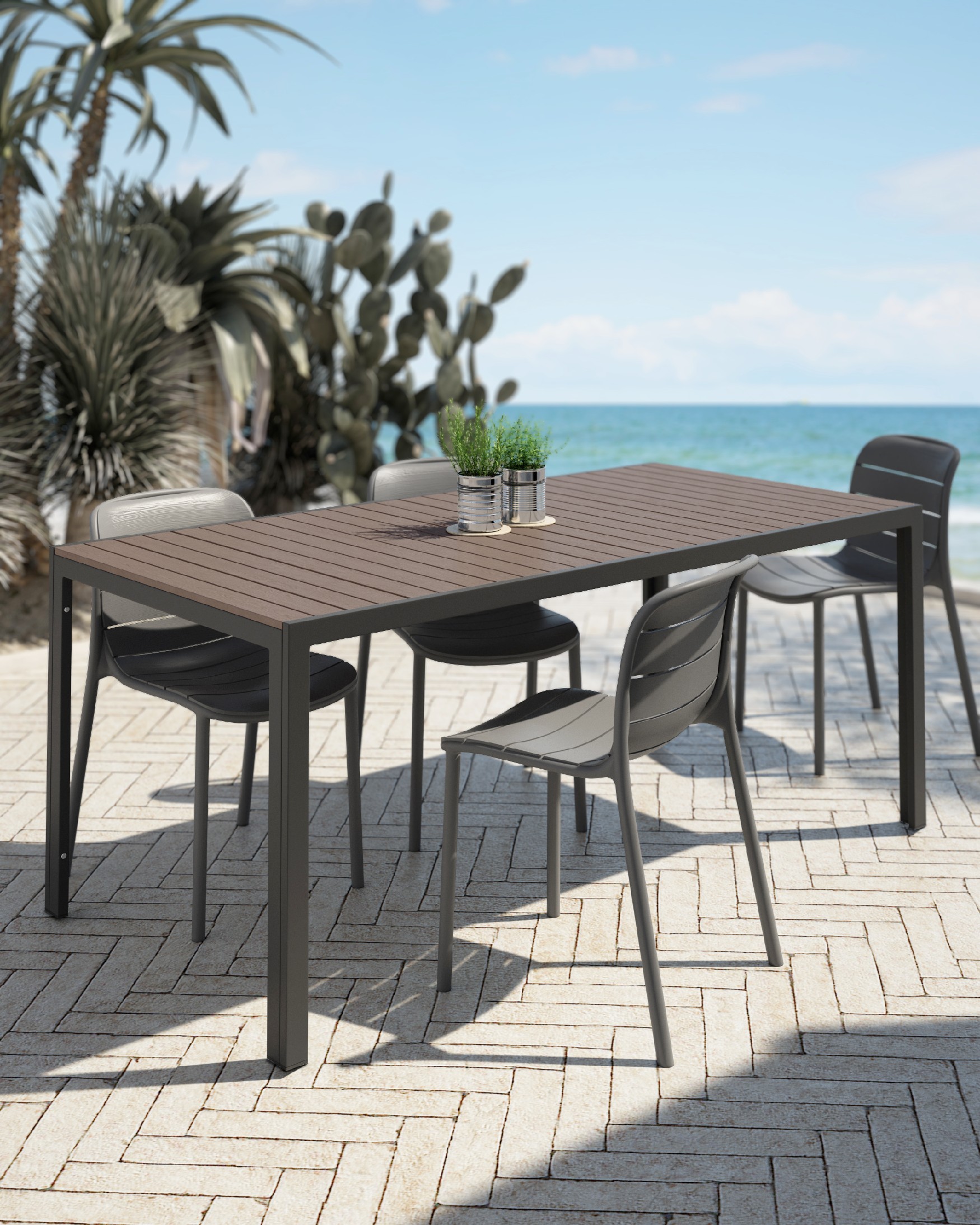 Mesa Marea de exterior con lamas WPC efecto madera y estructura metálica grafito 180 x 90 cm
