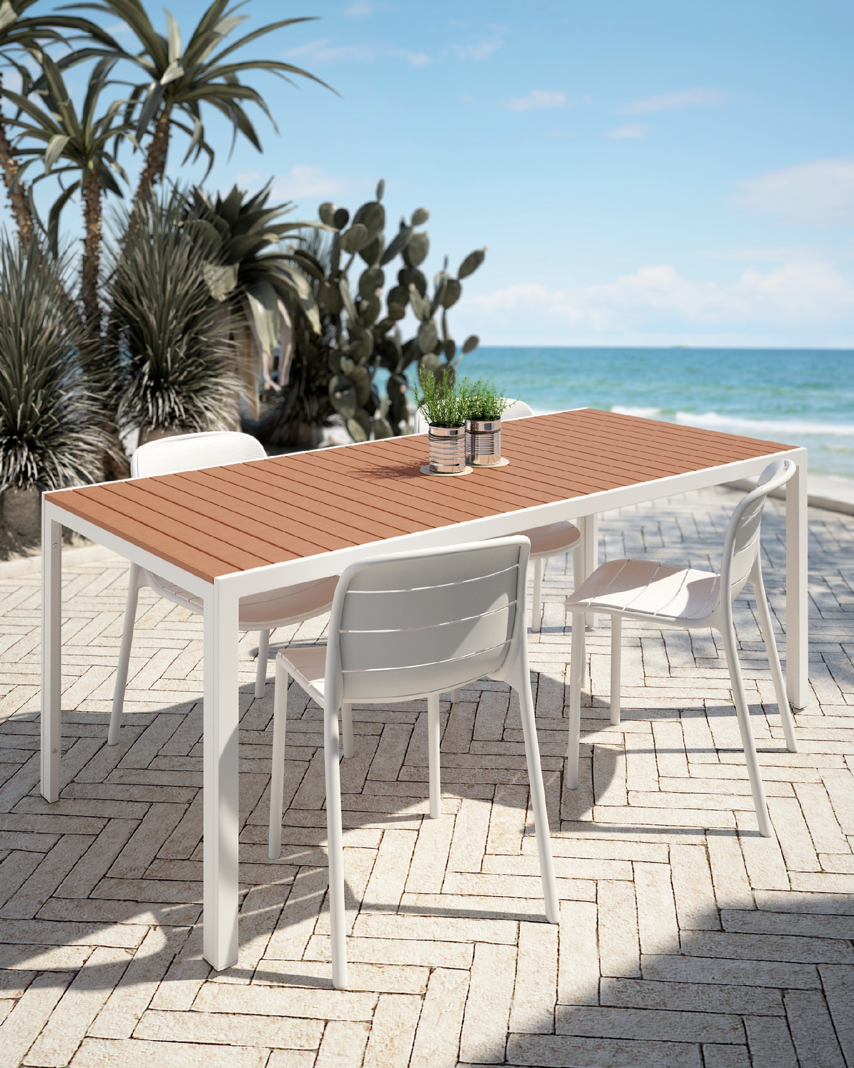 Mesa Marea de exterior con lamas WPC efecto madera y estructura metálica blanca 200 x 90 cm