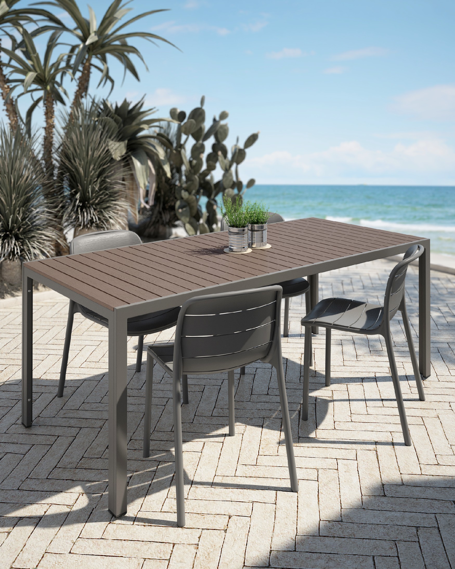 Marea outdoor table with WPC slats wood effect and graphite metal structure 200 x 90 cm