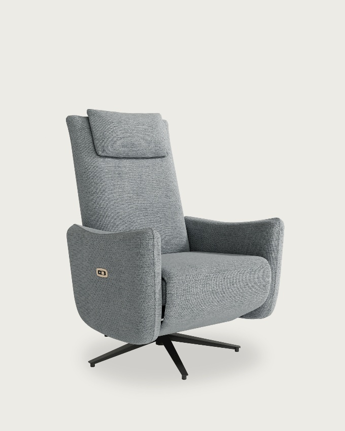 Megan electric swivel recliner with gray upholstery and black metal base