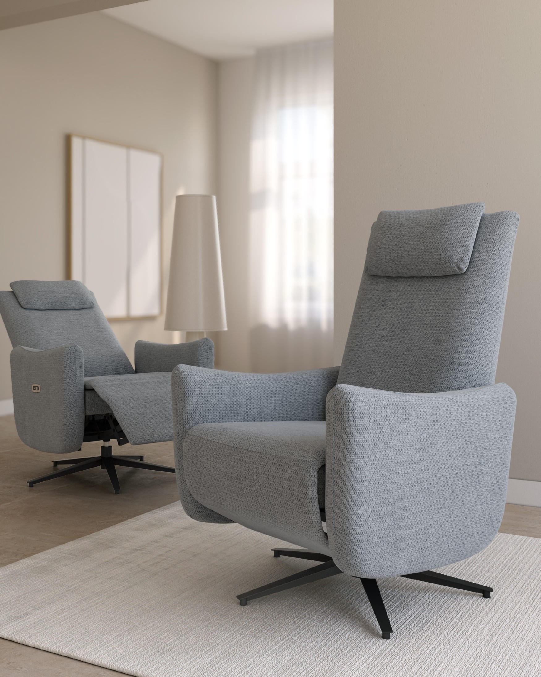 Megan electric swivel recliner with gray upholstery and black metal base