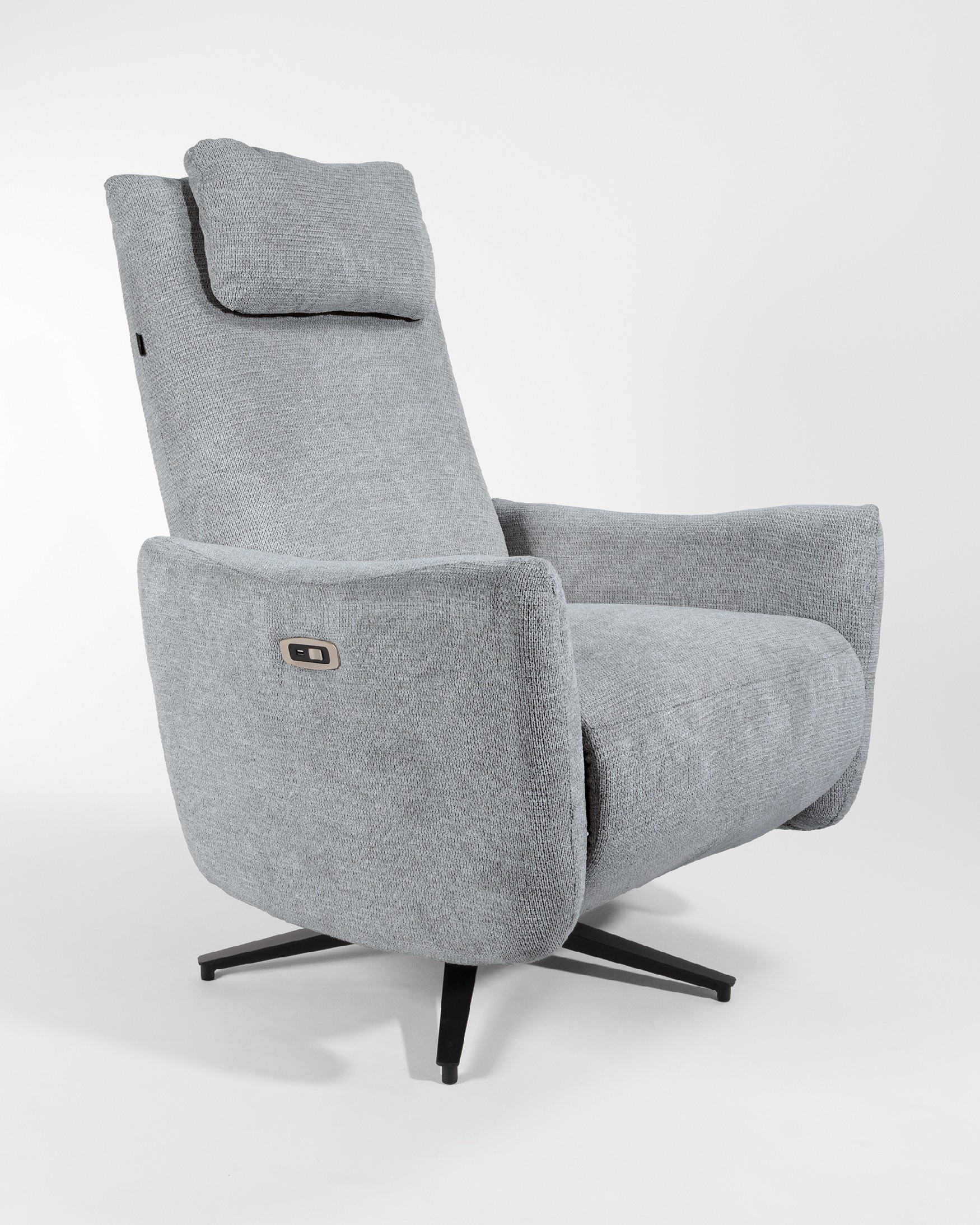 Megan electric swivel recliner with gray upholstery and black metal base