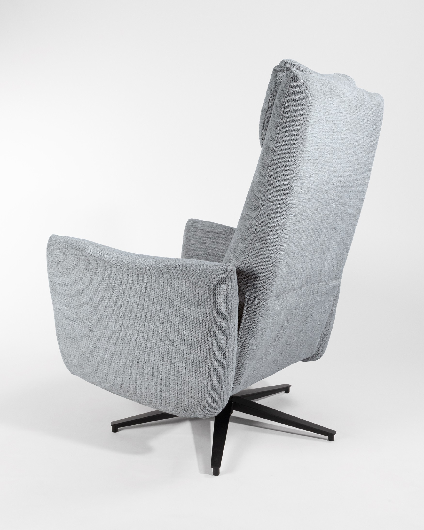 Megan electric swivel recliner with gray upholstery and black metal base
