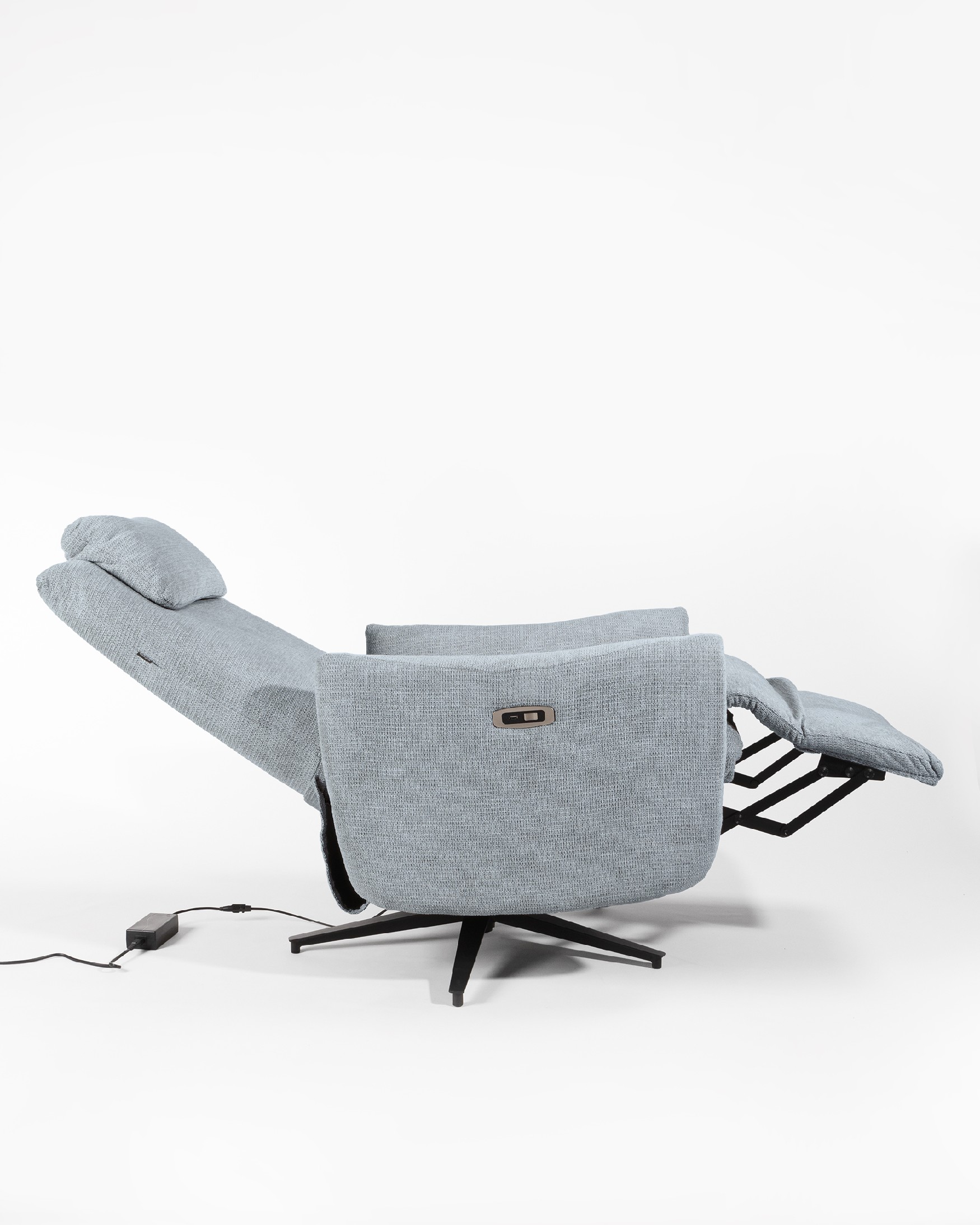 Megan electric swivel recliner with gray upholstery and black metal base