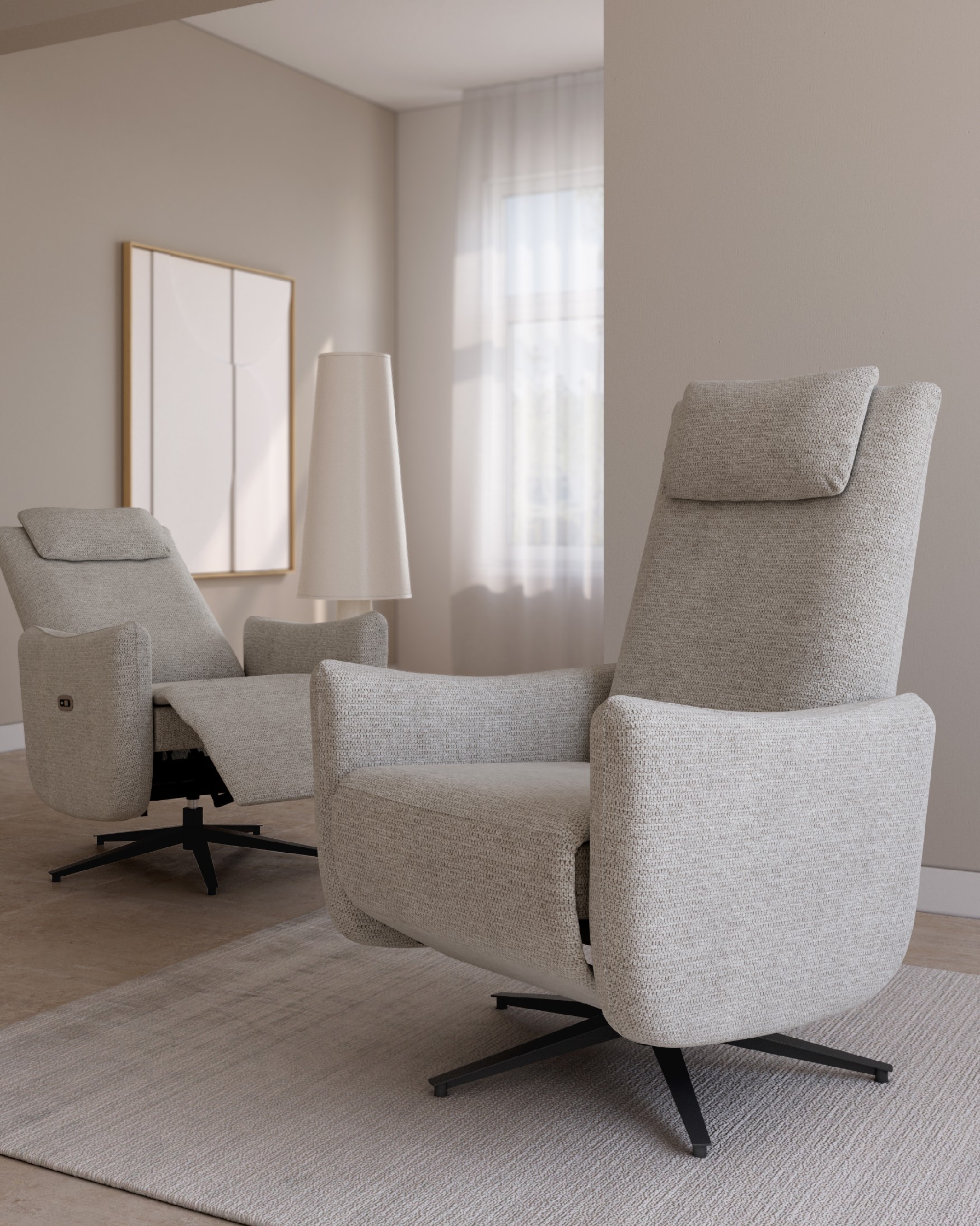 Megan electric swivel reclining chair with pearl upholstery and black metal leg