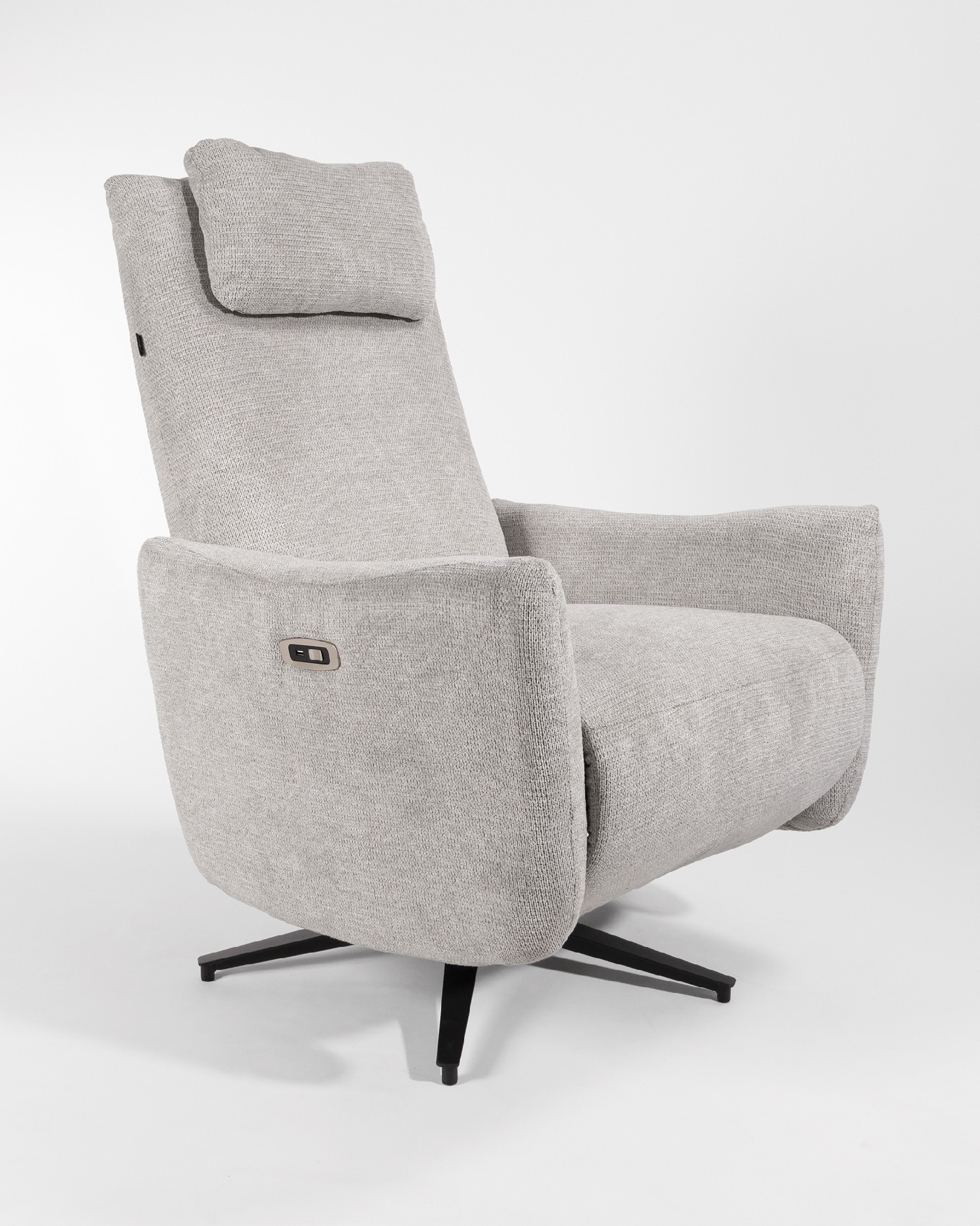 Megan electric swivel reclining chair with pearl upholstery and black metal leg