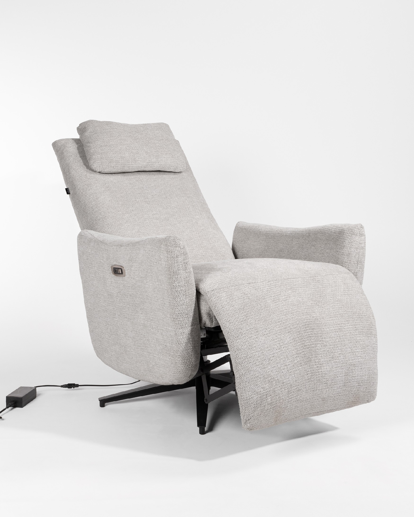 Megan electric swivel reclining chair with pearl upholstery and black metal leg