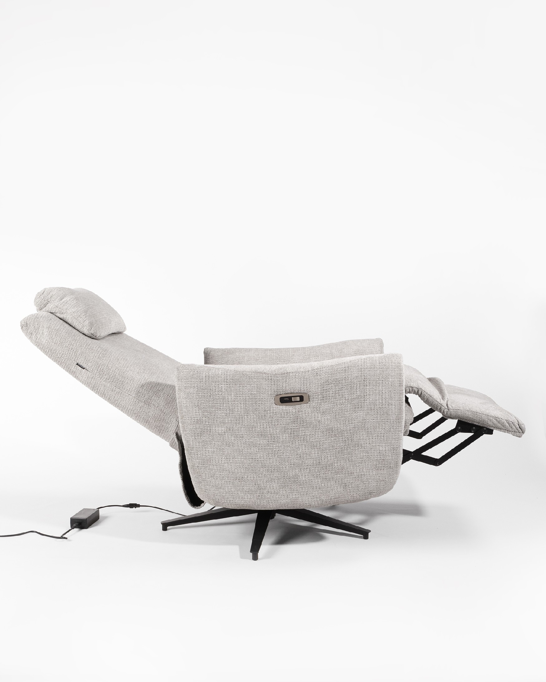 Megan electric swivel reclining chair with pearl upholstery and black metal leg