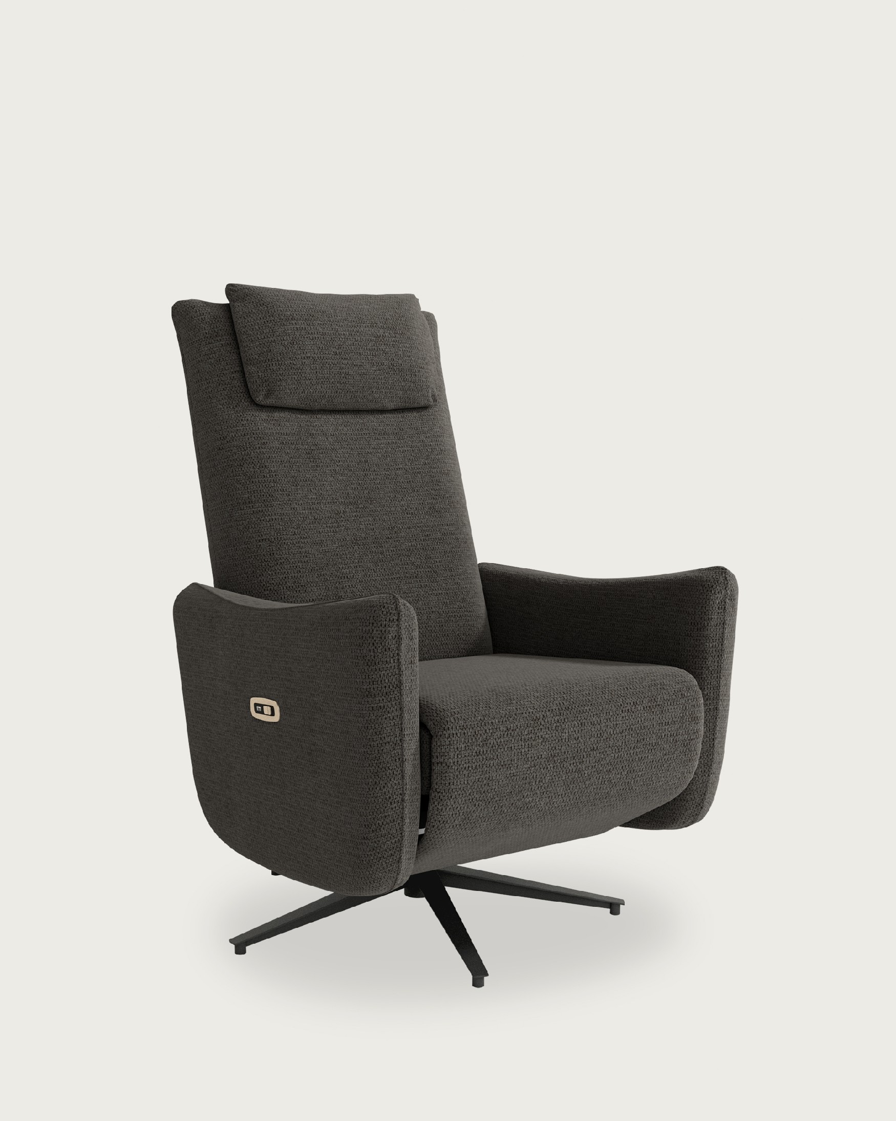 Megan electric swivel recliner with slate upholstery and black metal leg