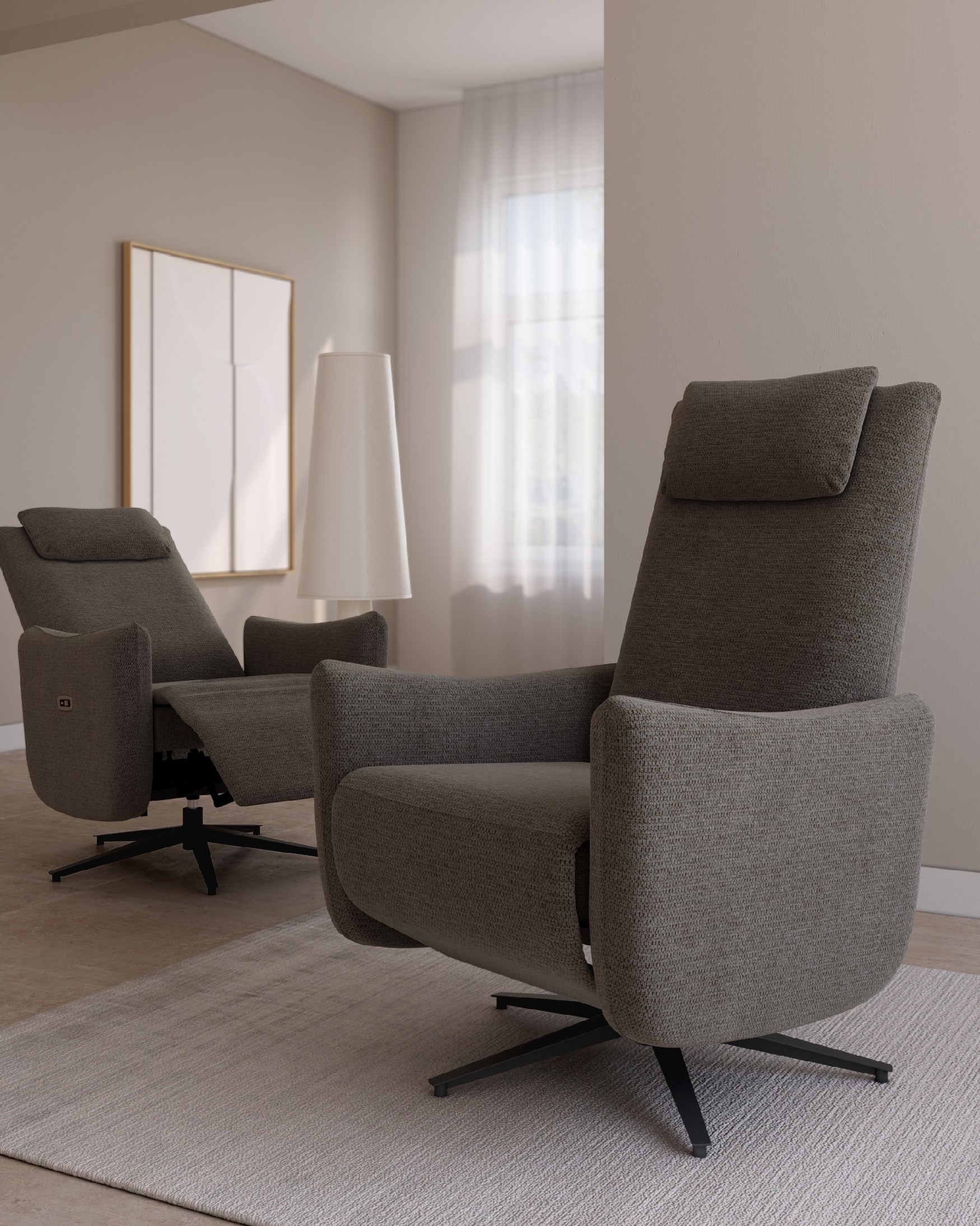Megan electric swivel recliner with slate upholstery and black metal leg