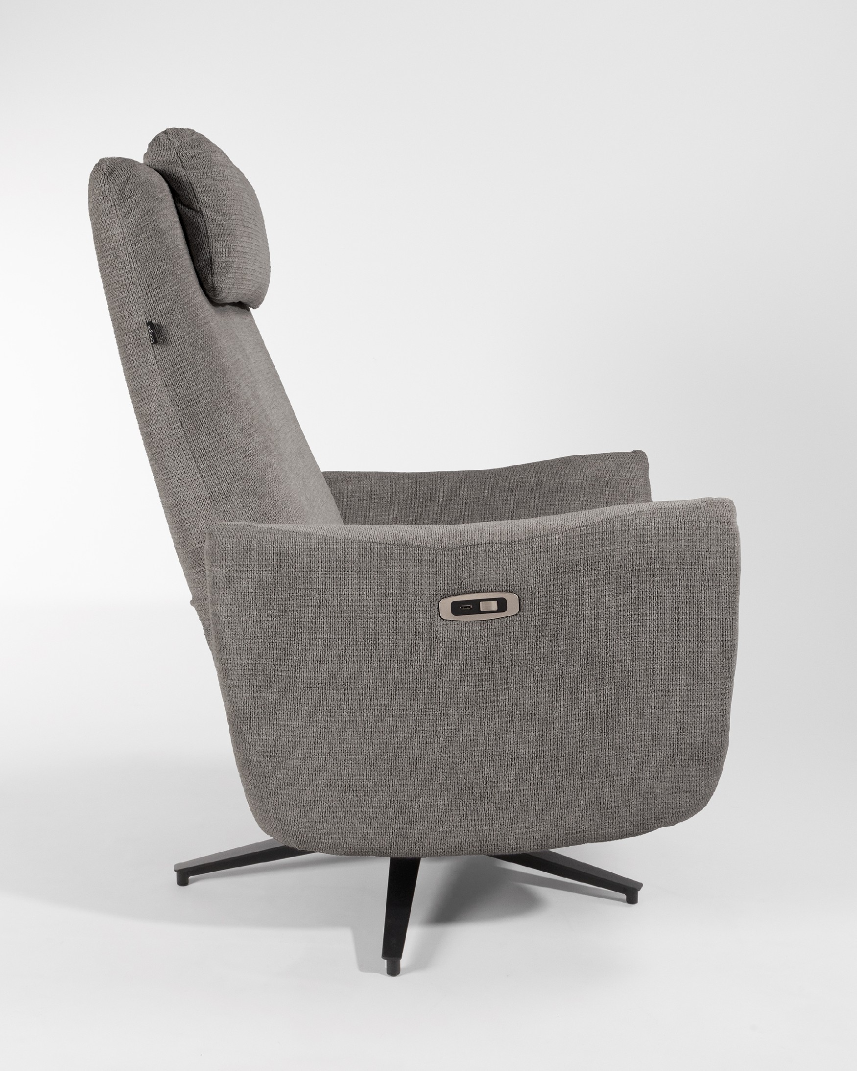Megan electric swivel recliner with slate upholstery and black metal leg