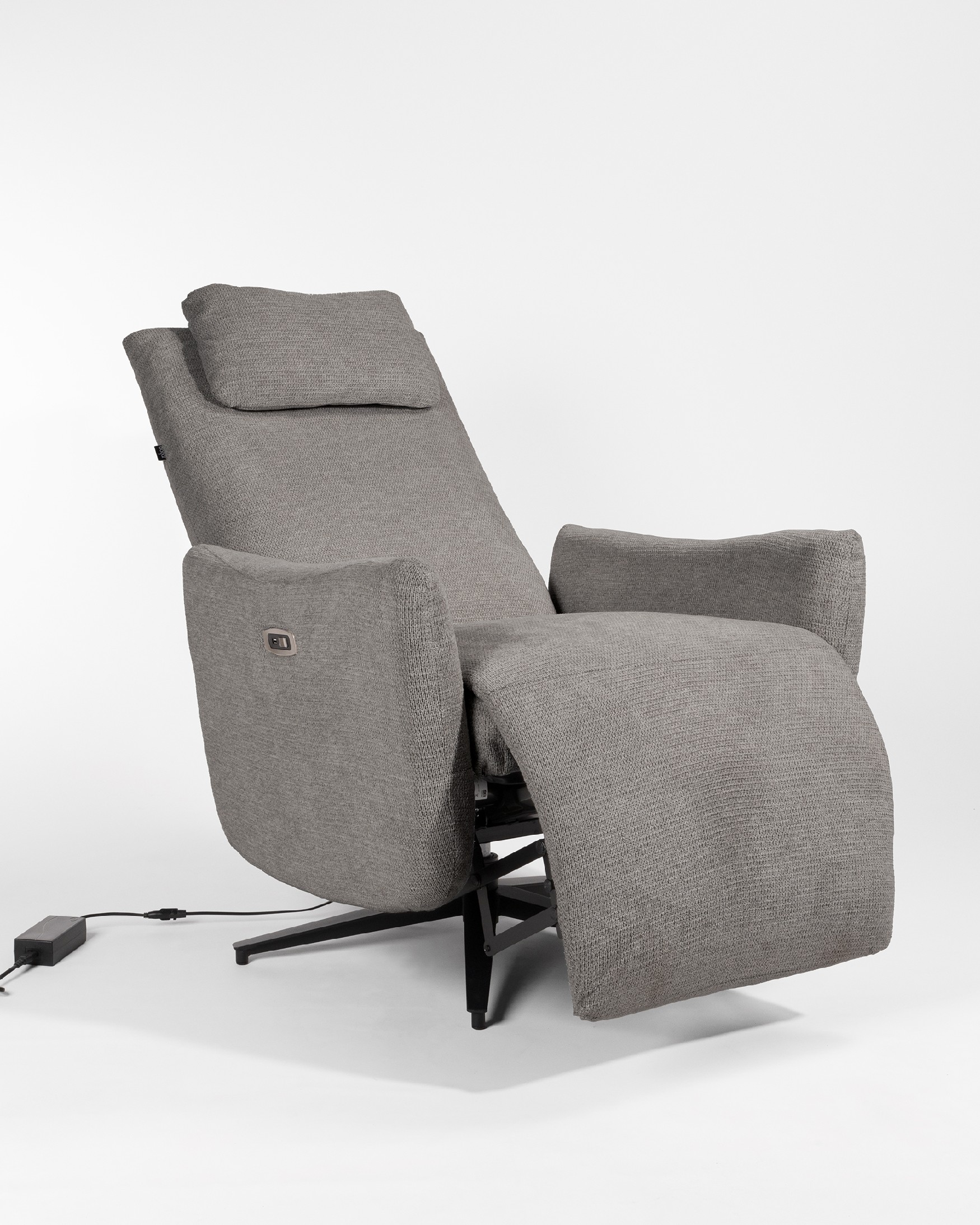 Megan electric swivel recliner with slate upholstery and black metal leg