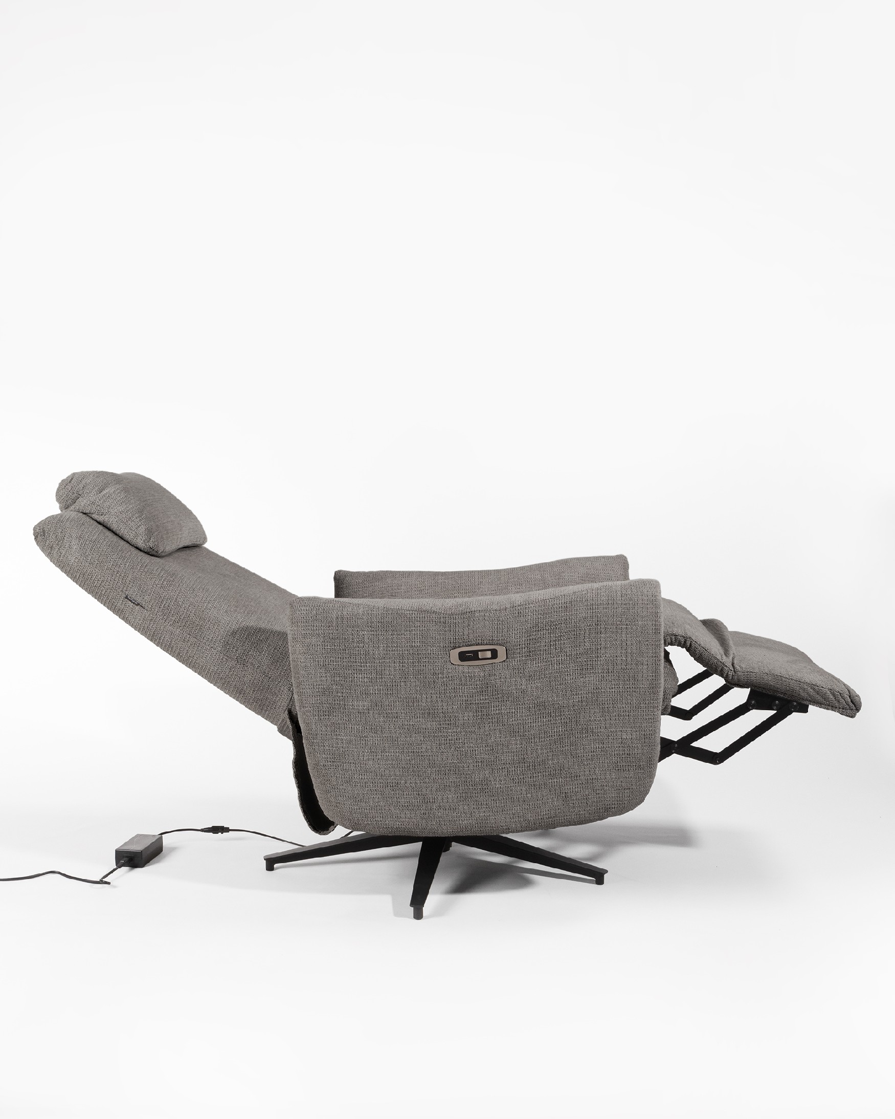 Megan electric swivel recliner with slate upholstery and black metal leg