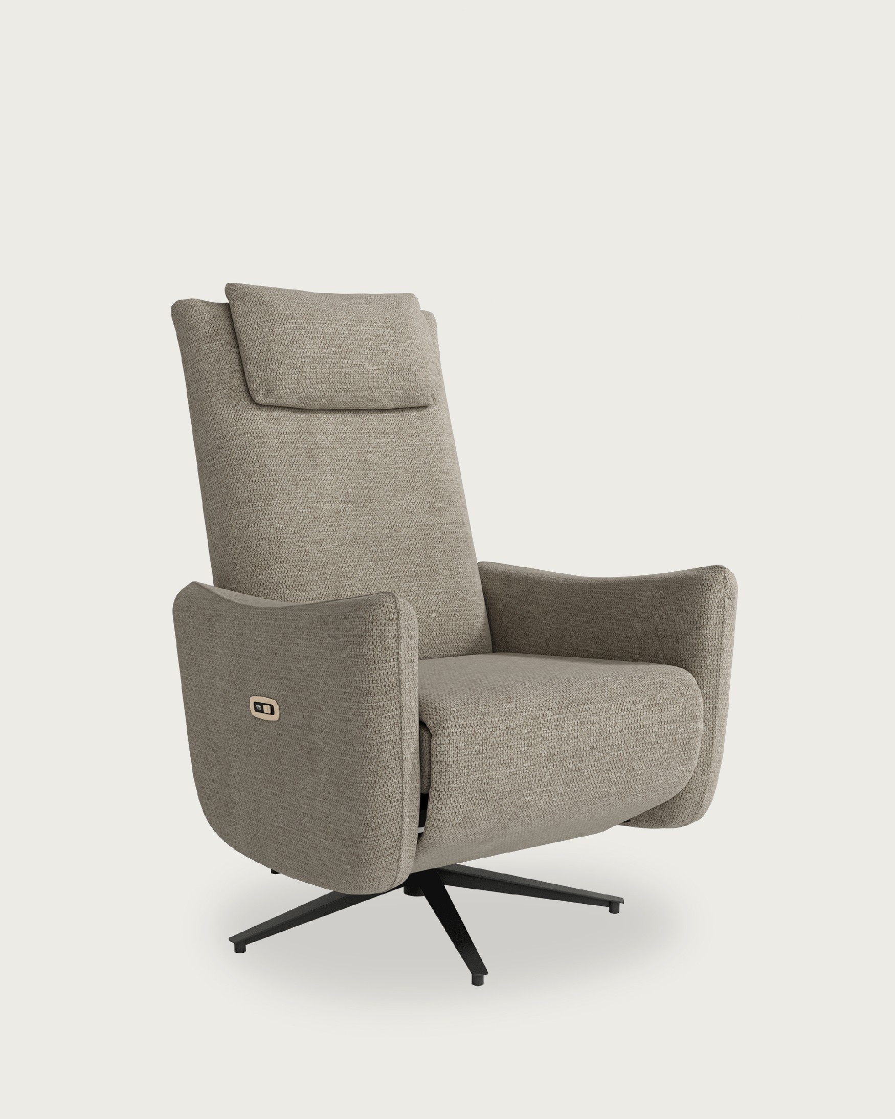 Megan electric swivel recliner with earth-colored upholstery and black metal base