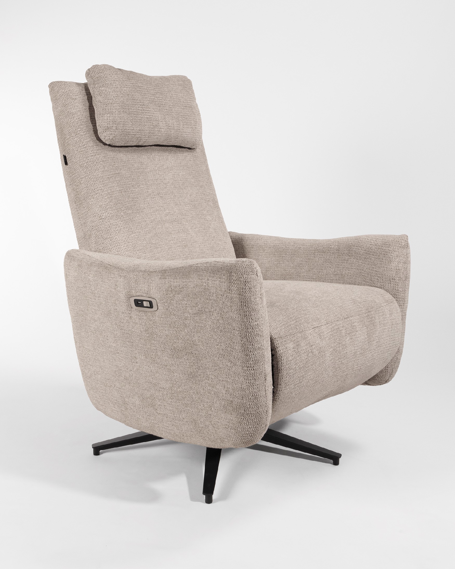 Megan electric swivel recliner with earth-colored upholstery and black metal base