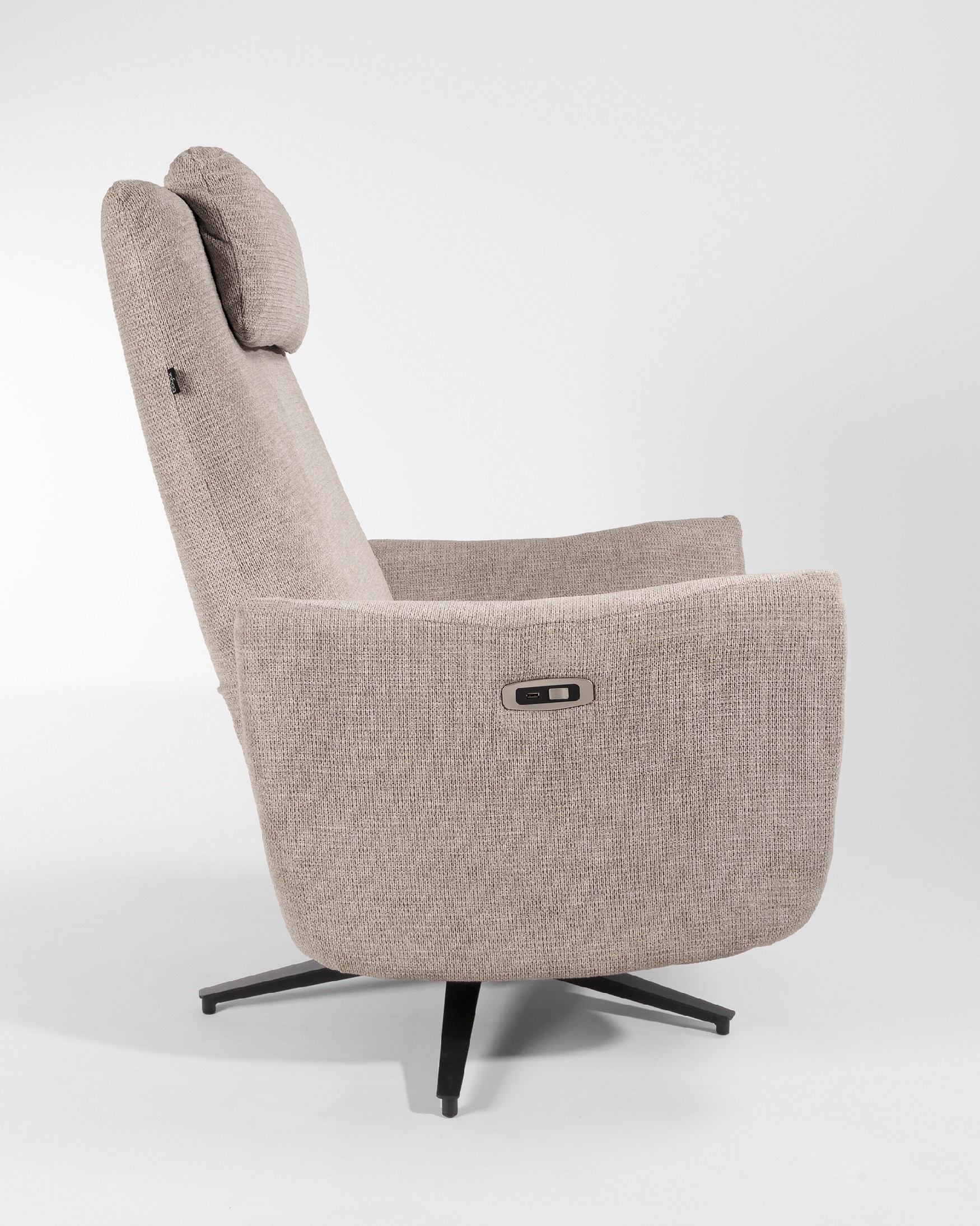 Megan electric swivel recliner with earth-colored upholstery and black metal base