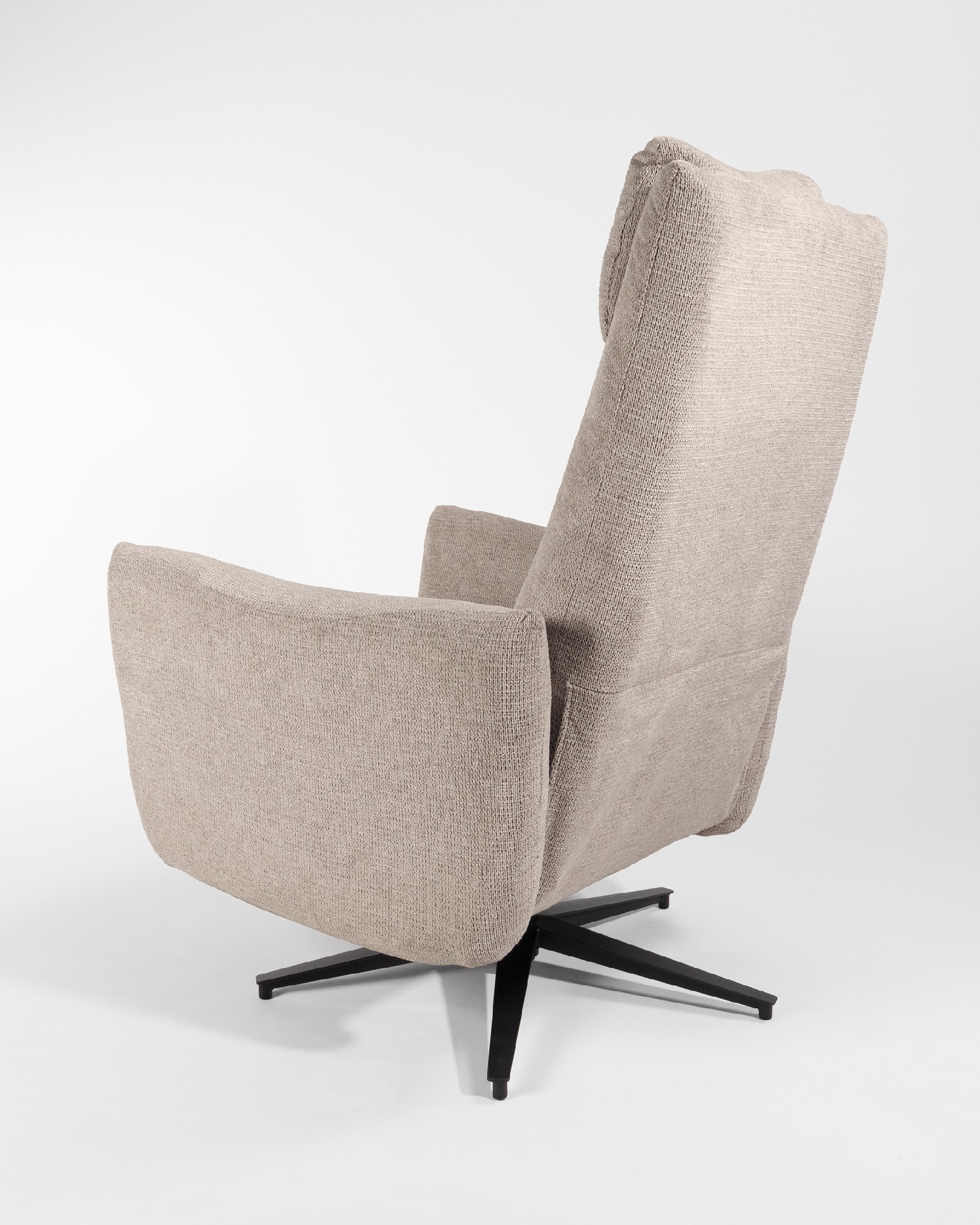 Megan electric swivel recliner with earth-colored upholstery and black metal base