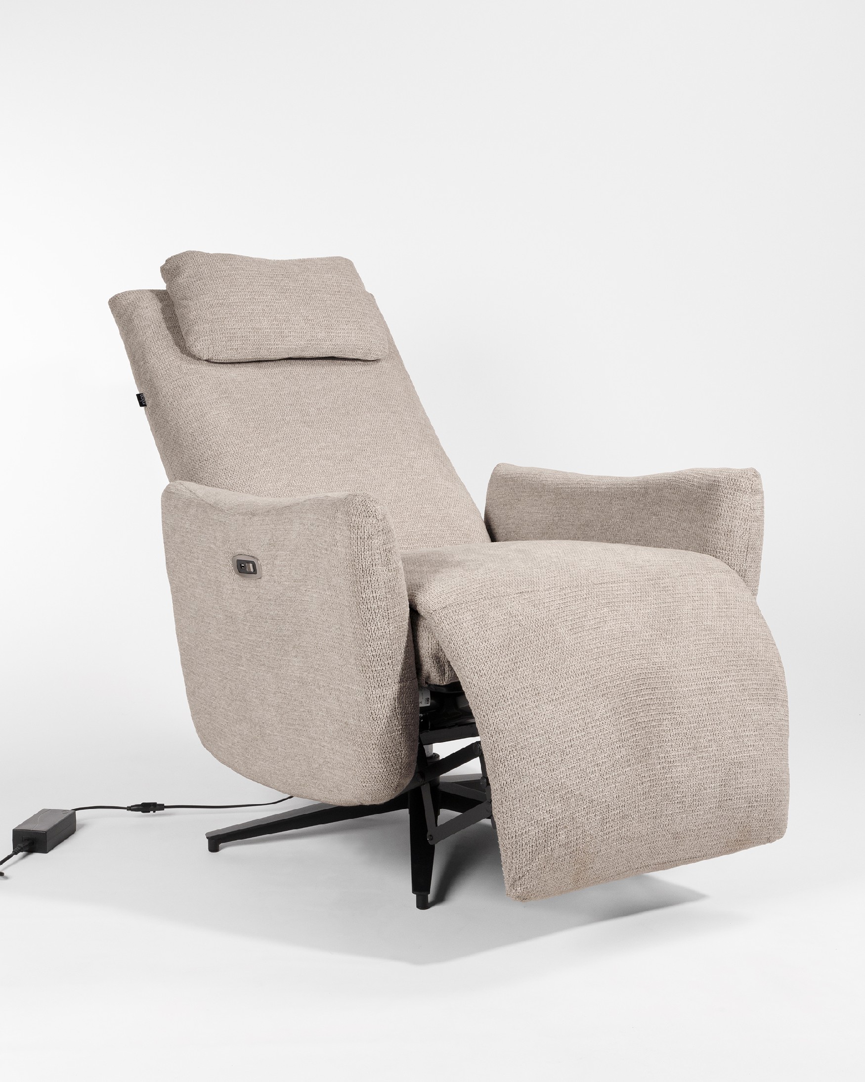 Megan electric swivel recliner with earth-colored upholstery and black metal base