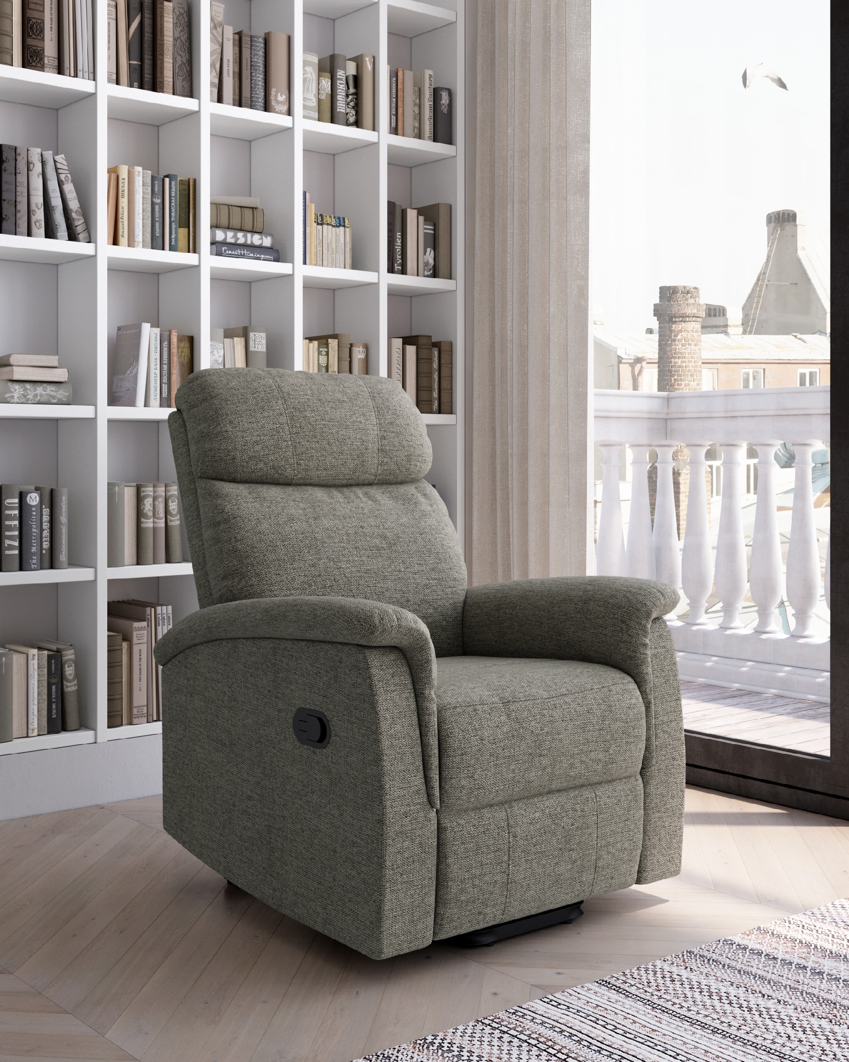 Manual recliner chair Mia with gray upholstery and black metal leg