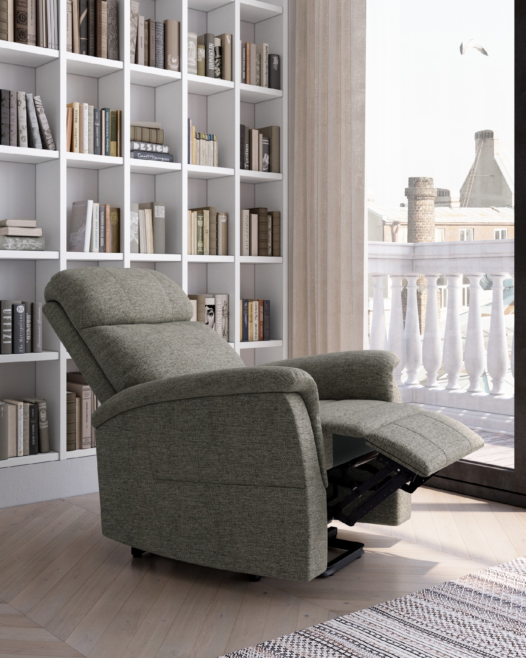 Manual recliner chair Mia with gray upholstery and black metal leg