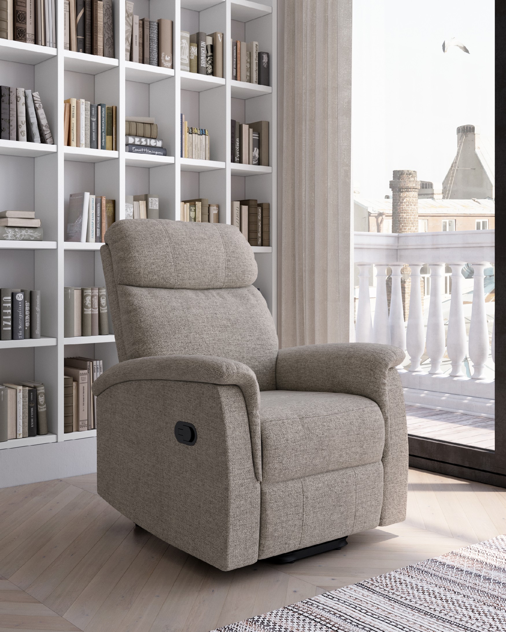 Fauteuil relax manuel Mia avec tapisserie perle et pied en métal noir